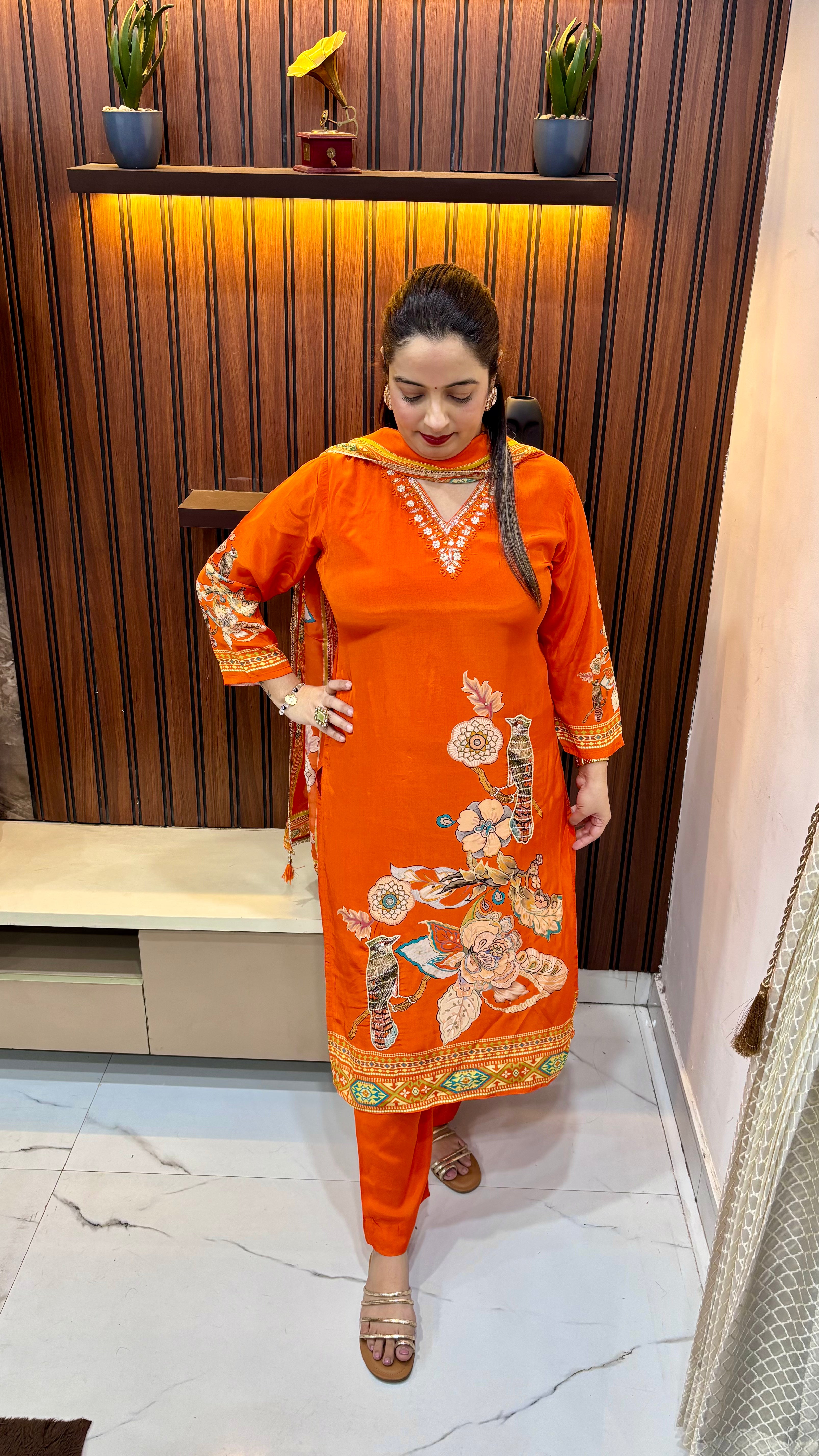 Natural Crepe Suit with Digital Print & Hand Embroidery Neckline
