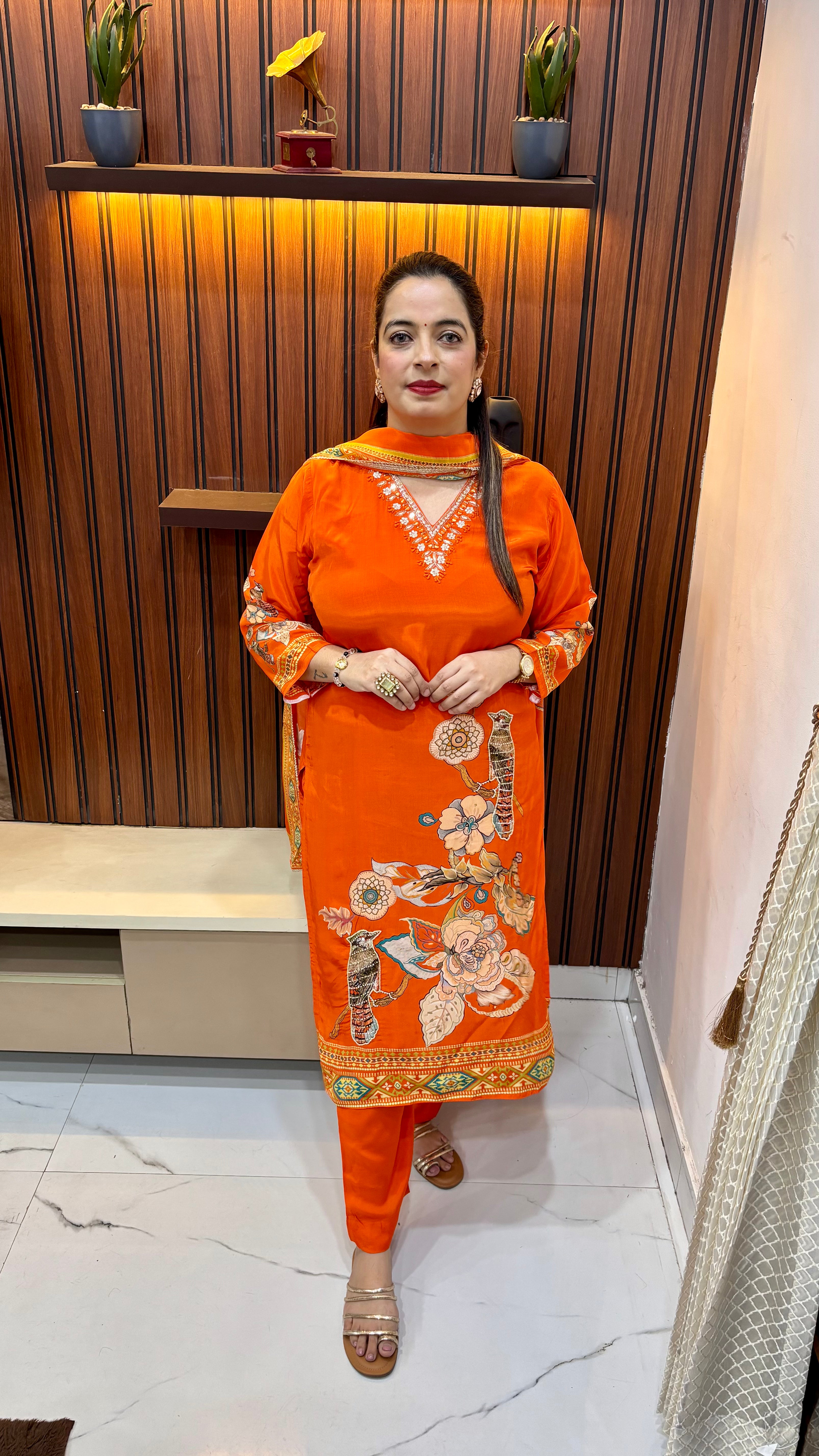 Natural Crepe Suit with Digital Print & Hand Embroidery Neckline