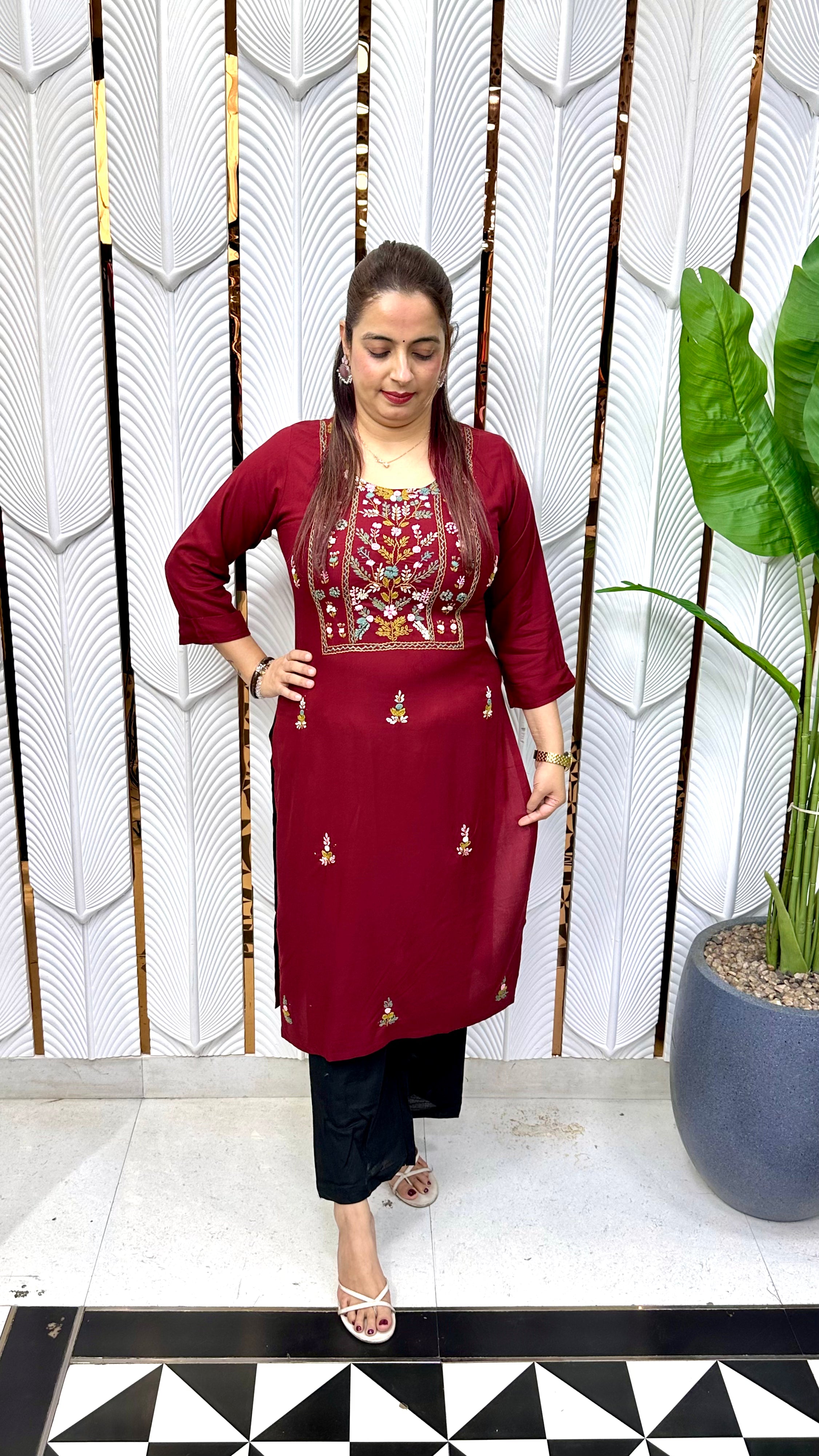 Heritage Craftsmanship & Fluid Comfort (ONLY KURTI) : Ultra-Soft Pure Rayon, Authentic Hand-Embroidered Kolkatta Knots, & Sequins Work