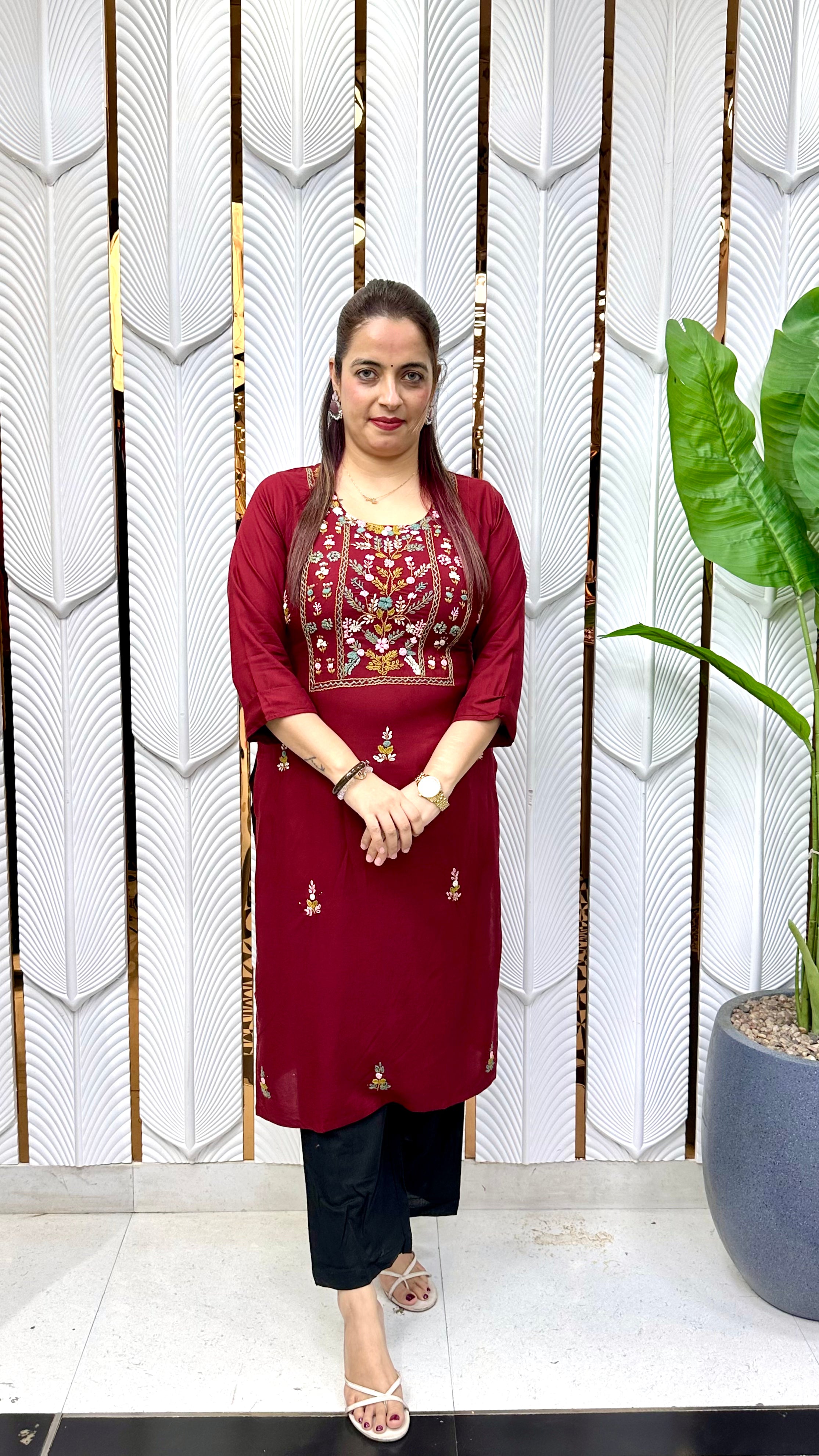Heritage Craftsmanship & Fluid Comfort (ONLY KURTI) : Ultra-Soft Pure Rayon, Authentic Hand-Embroidered Kolkatta Knots, & Sequins Work