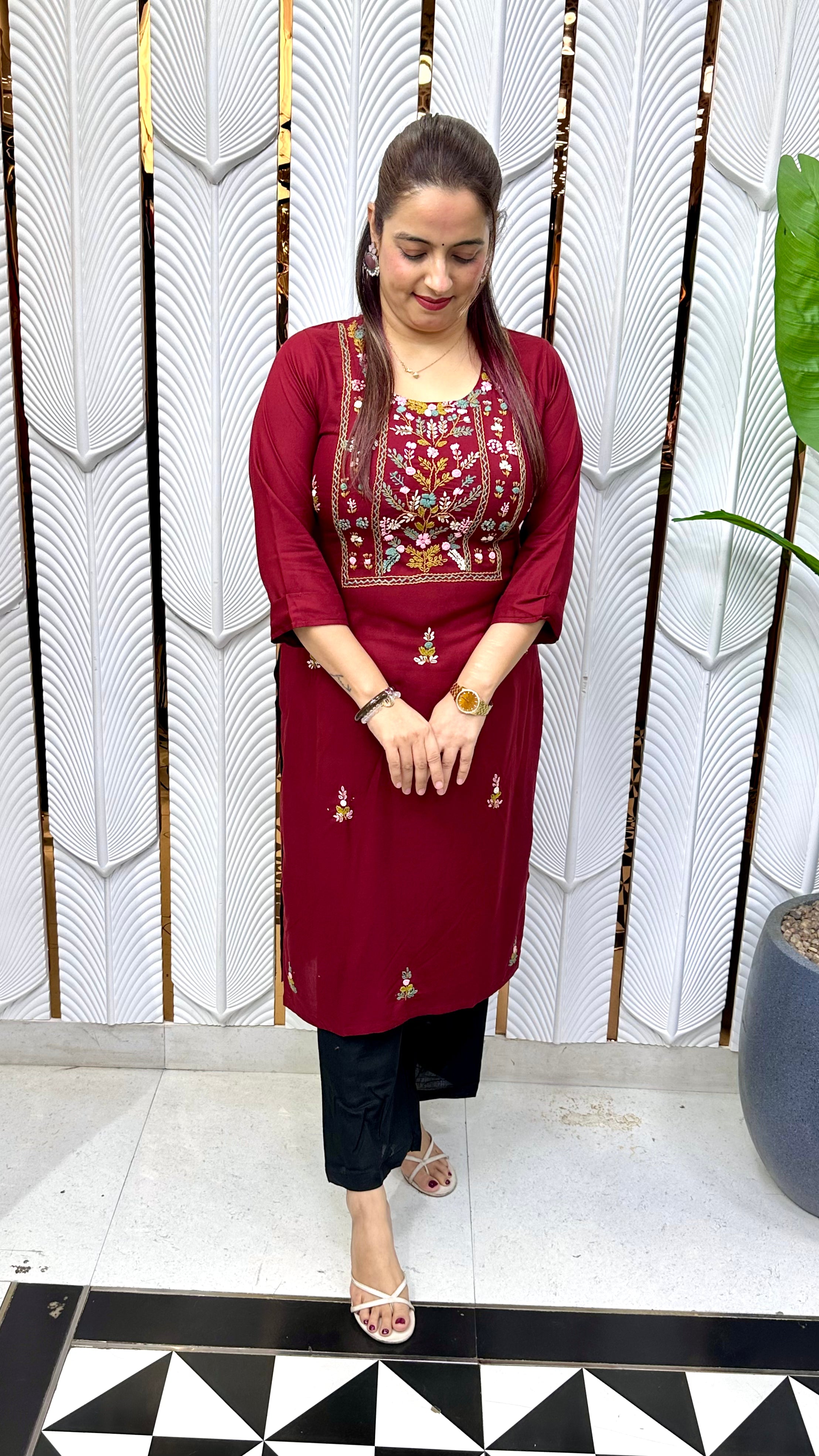 Heritage Craftsmanship & Fluid Comfort (ONLY KURTI) : Ultra-Soft Pure Rayon, Authentic Hand-Embroidered Kolkatta Knots, & Sequins Work