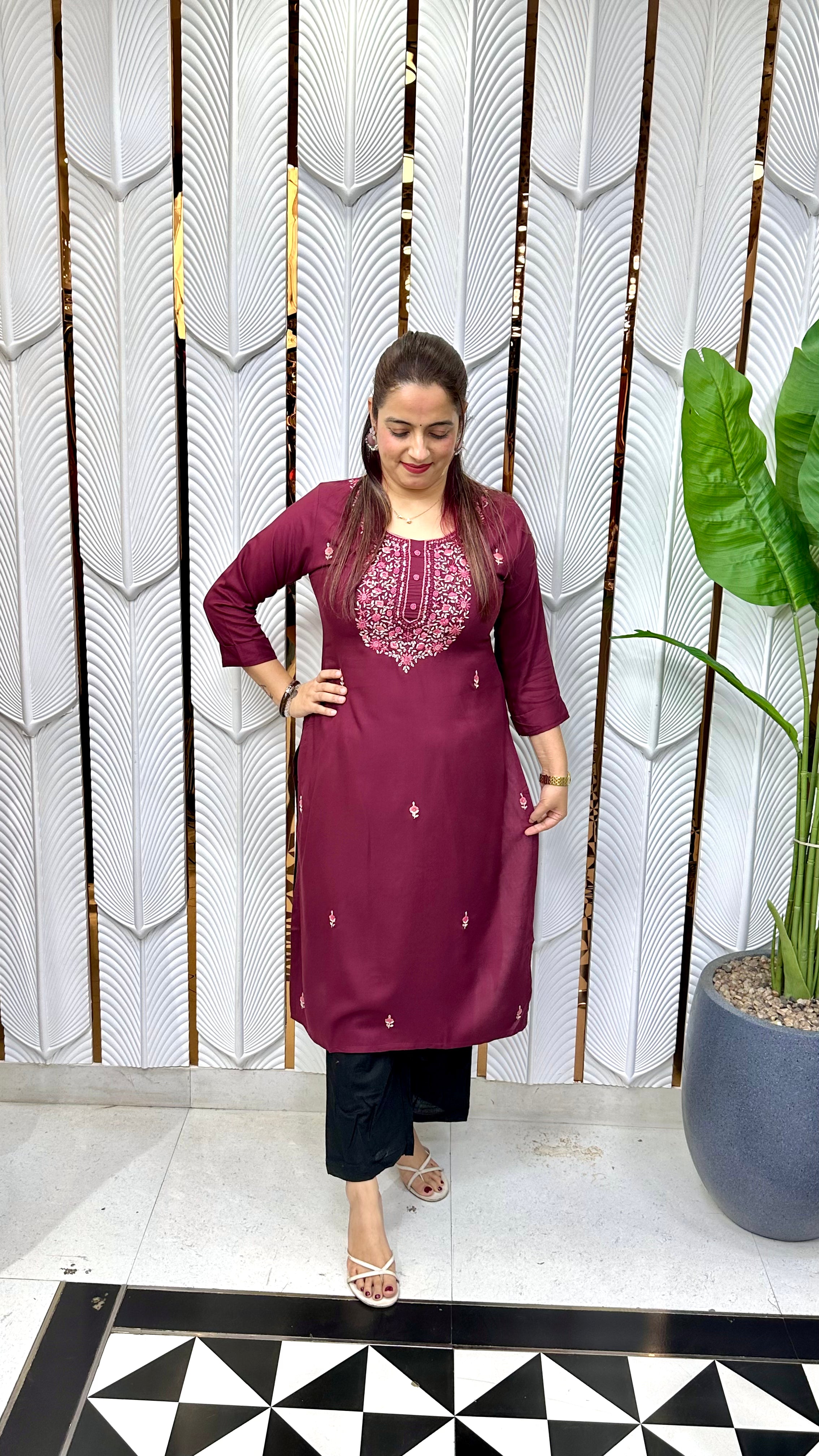 Heritage Craftsmanship & Fluid Comfort (ONLY KURTI) : Ultra-Soft Pure Rayon, Authentic Hand-Embroidered Kolkatta Knots, & Sequins Work