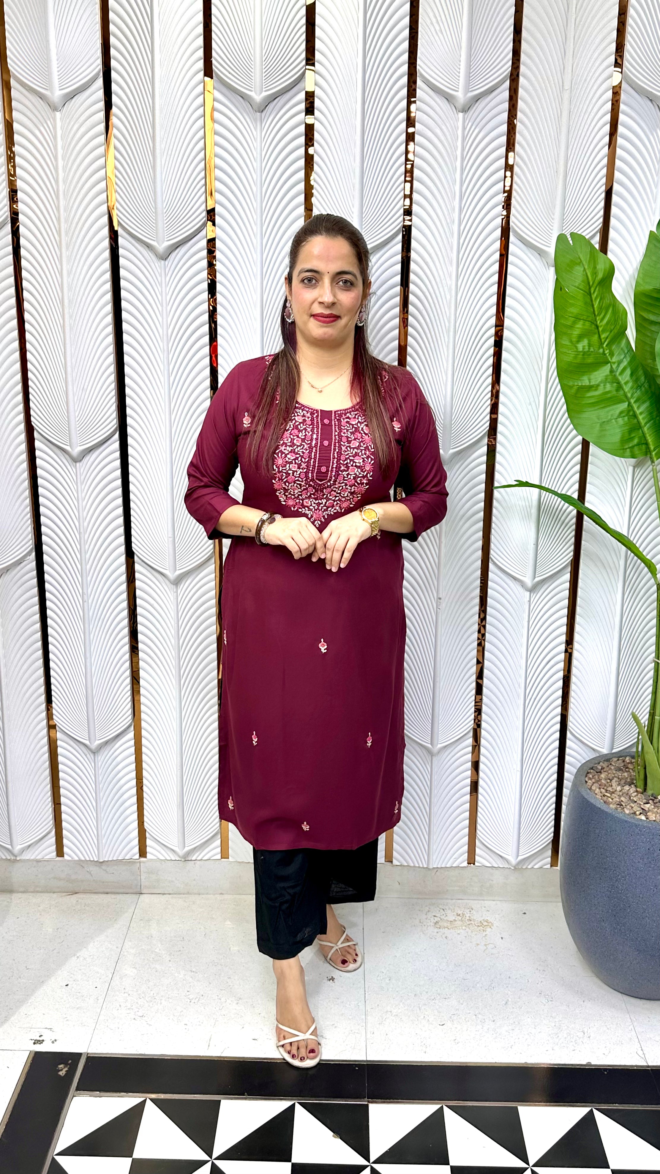 Heritage Craftsmanship & Fluid Comfort (ONLY KURTI) : Ultra-Soft Pure Rayon, Authentic Hand-Embroidered Kolkatta Knots, & Sequins Work
