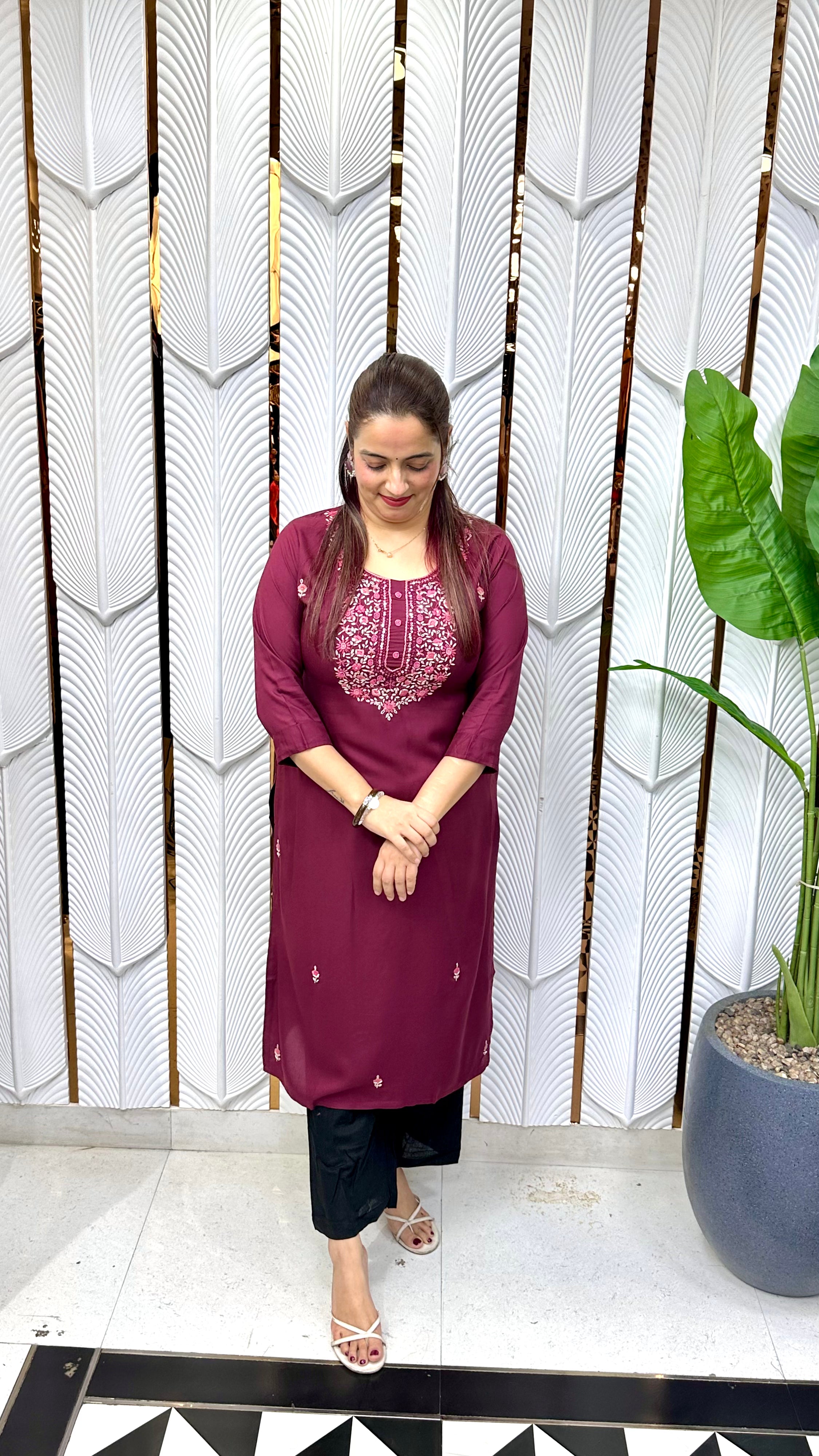 Heritage Craftsmanship & Fluid Comfort (ONLY KURTI) : Ultra-Soft Pure Rayon, Authentic Hand-Embroidered Kolkatta Knots, & Sequins Work