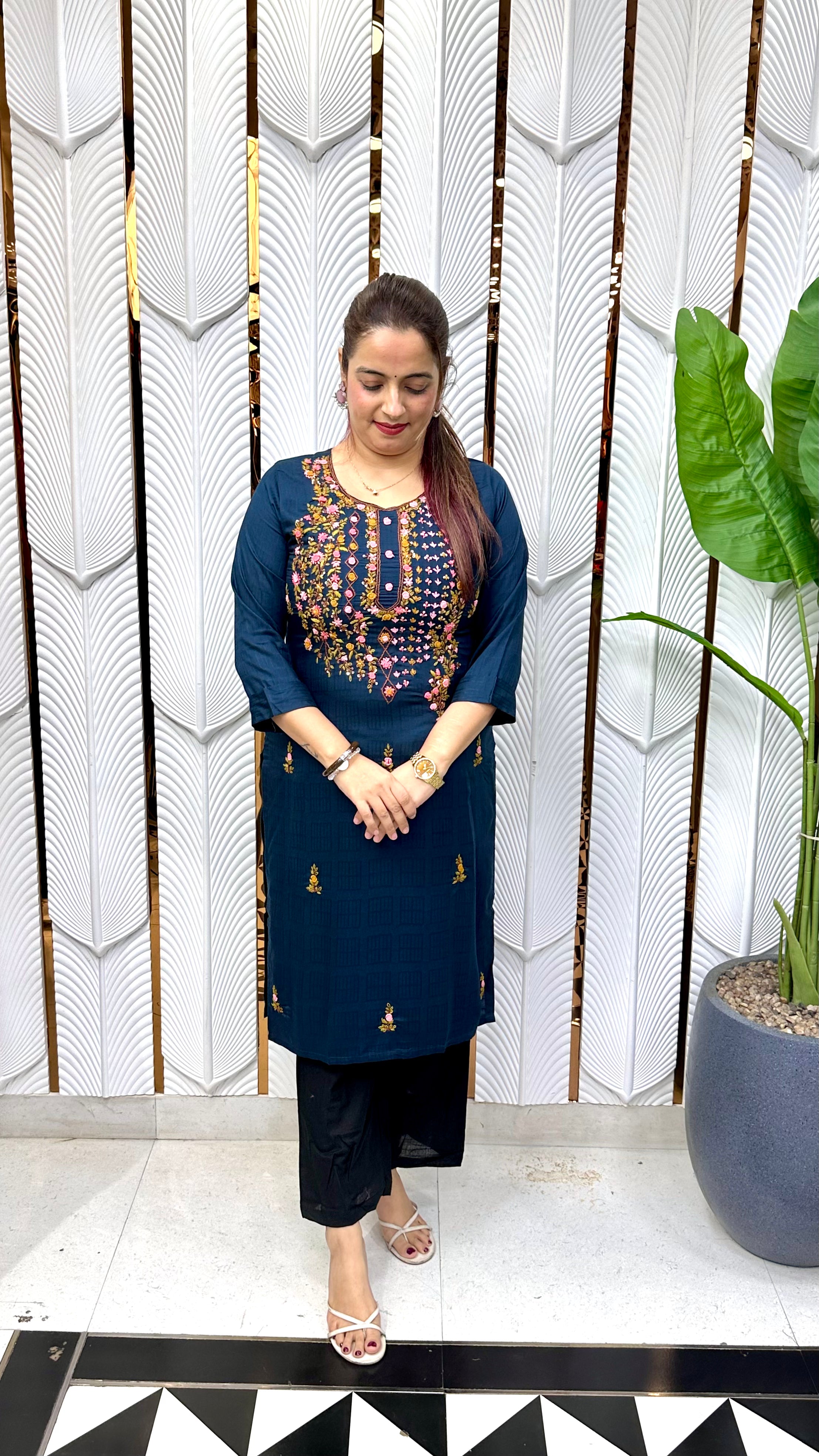 Heritage Craftsmanship & Fluid Comfort (ONLY KURTI) : Ultra-Soft Pure Rayon, Authentic Hand-Embroidered Kolkatta Knots, & Sequins Work