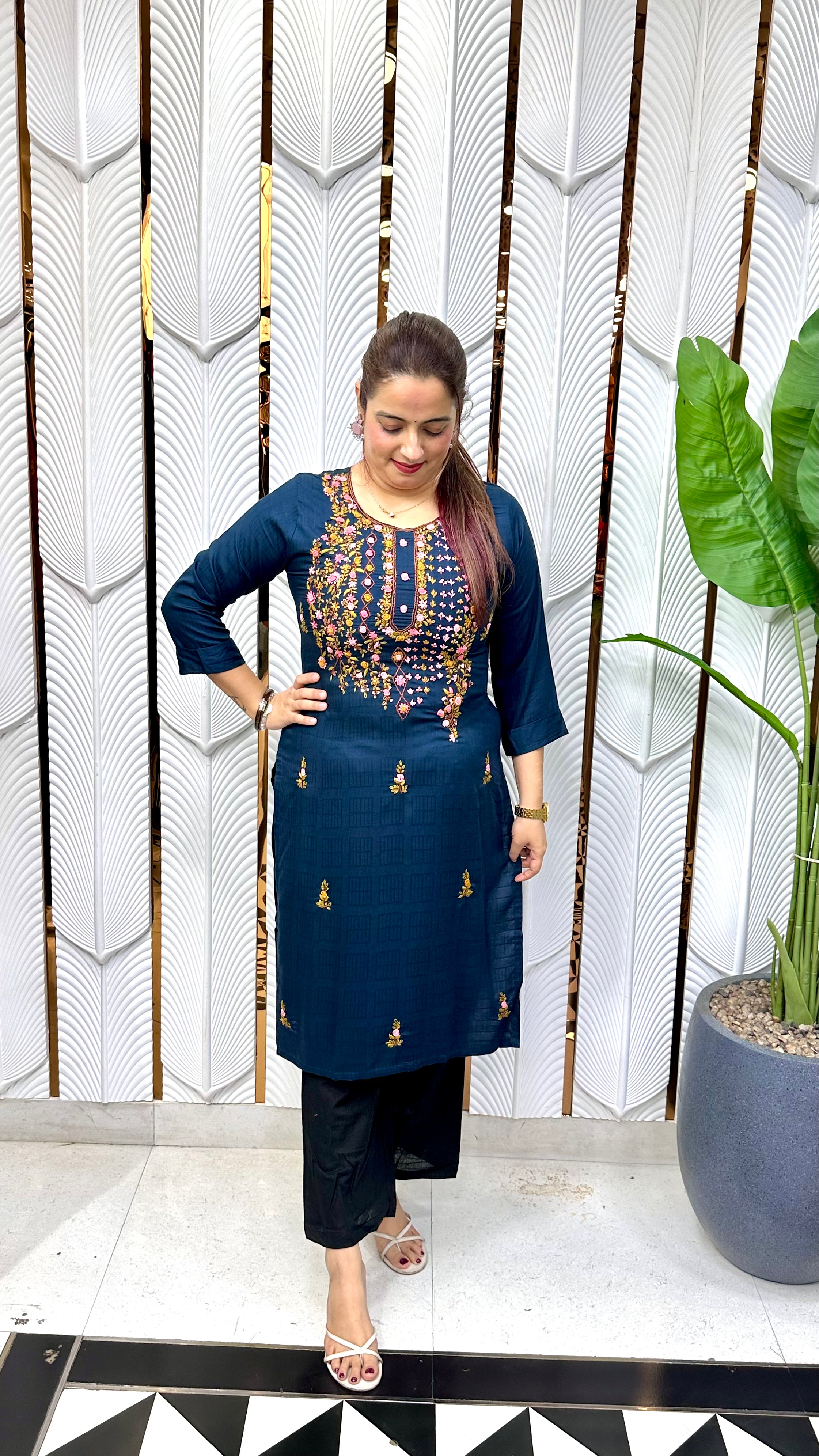 Heritage Craftsmanship & Fluid Comfort (ONLY KURTI) : Ultra-Soft Pure Rayon, Authentic Hand-Embroidered Kolkatta Knots, & Sequins Work