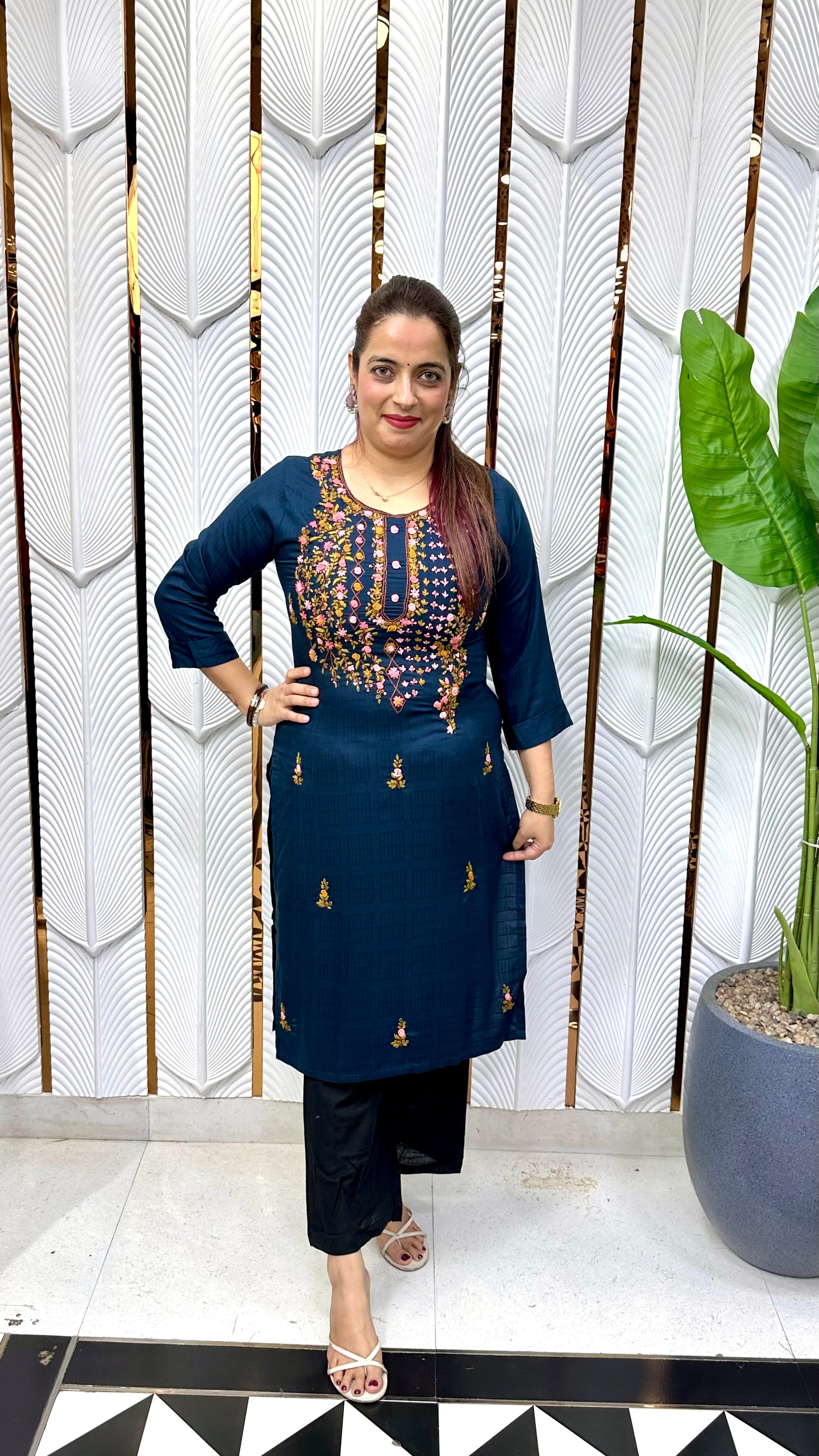Heritage Craftsmanship & Fluid Comfort (ONLY KURTI) : Ultra-Soft Pure Rayon, Authentic Hand-Embroidered Kolkatta Knots, & Sequins Work