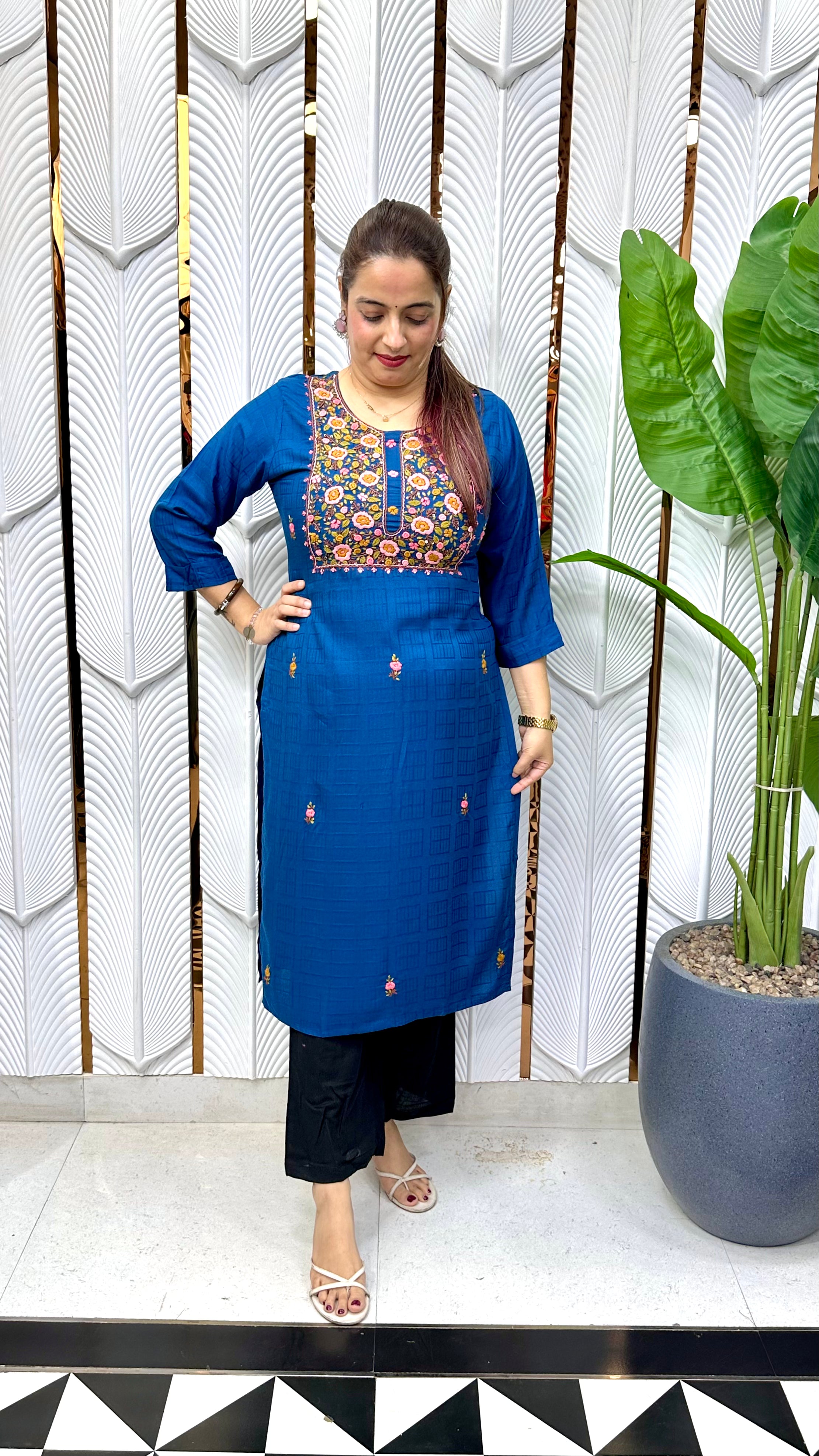 Heritage Craftsmanship & Fluid Comfort (ONLY KURTI) : Ultra-Soft Pure Rayon, Authentic Hand-Embroidered Kolkatta Knots, & Sequins Work