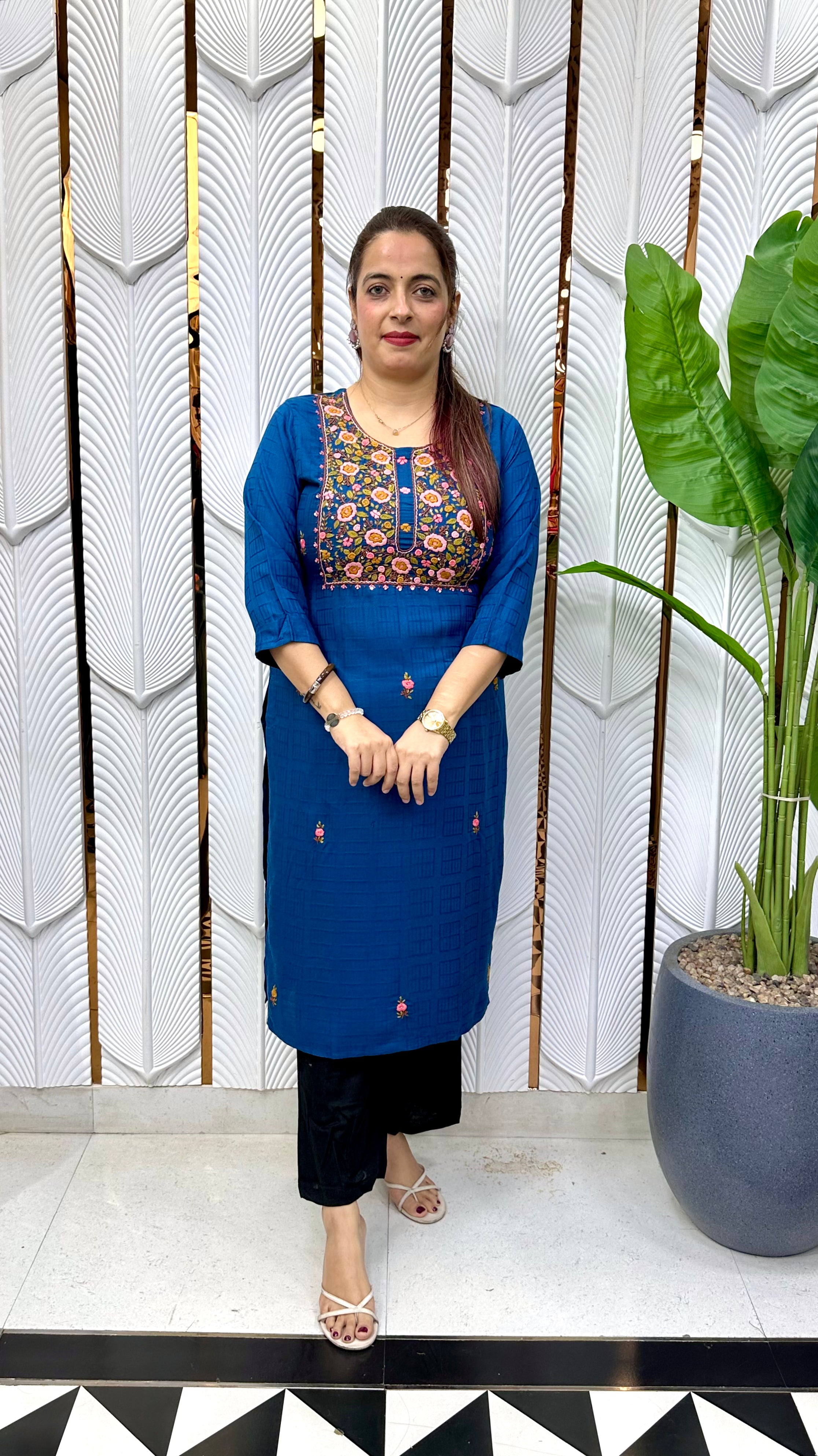 Heritage Craftsmanship & Fluid Comfort (ONLY KURTI) : Ultra-Soft Pure Rayon, Authentic Hand-Embroidered Kolkatta Knots, & Sequins Work