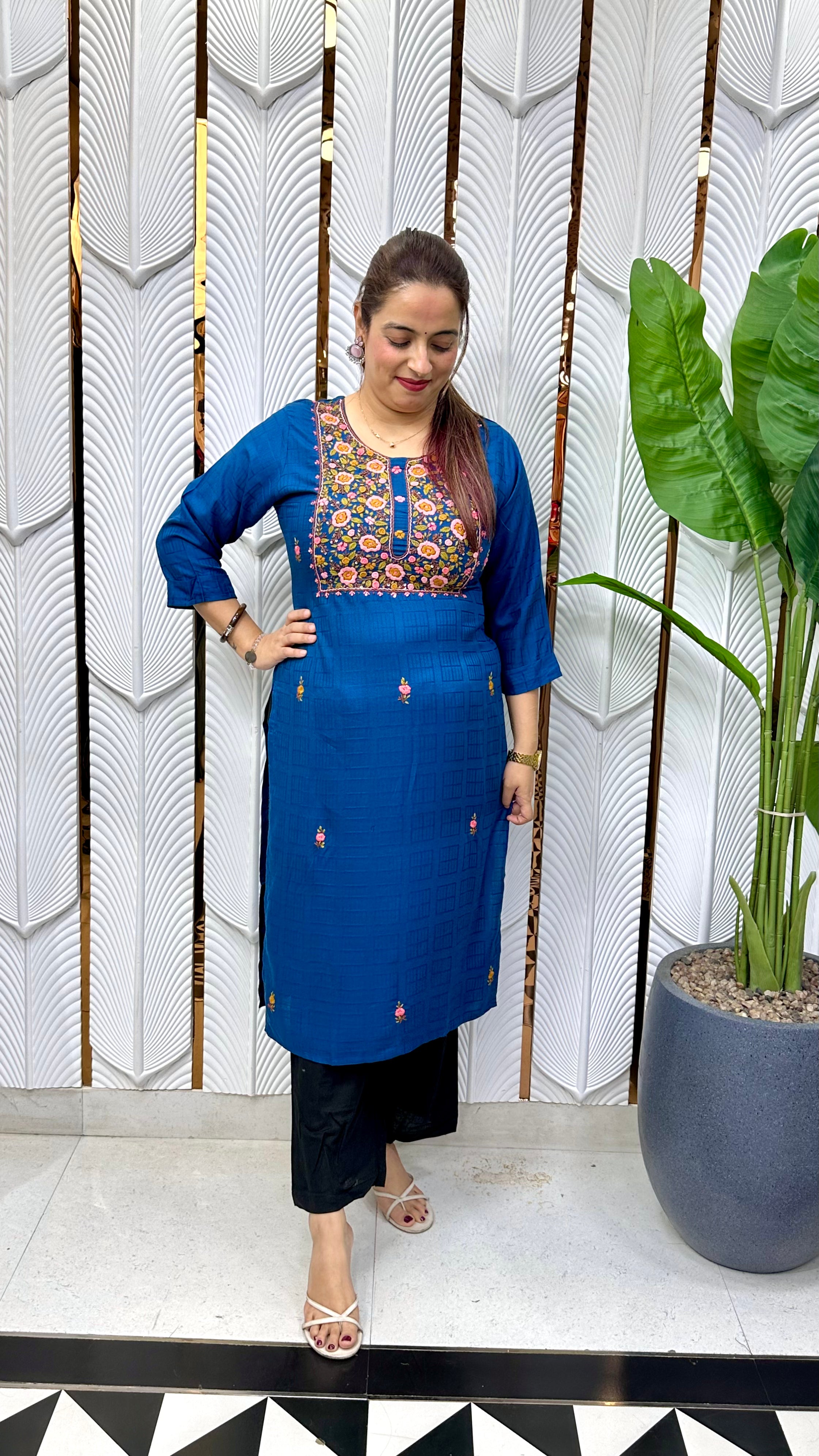 Heritage Craftsmanship & Fluid Comfort (ONLY KURTI) : Ultra-Soft Pure Rayon, Authentic Hand-Embroidered Kolkatta Knots, & Sequins Work