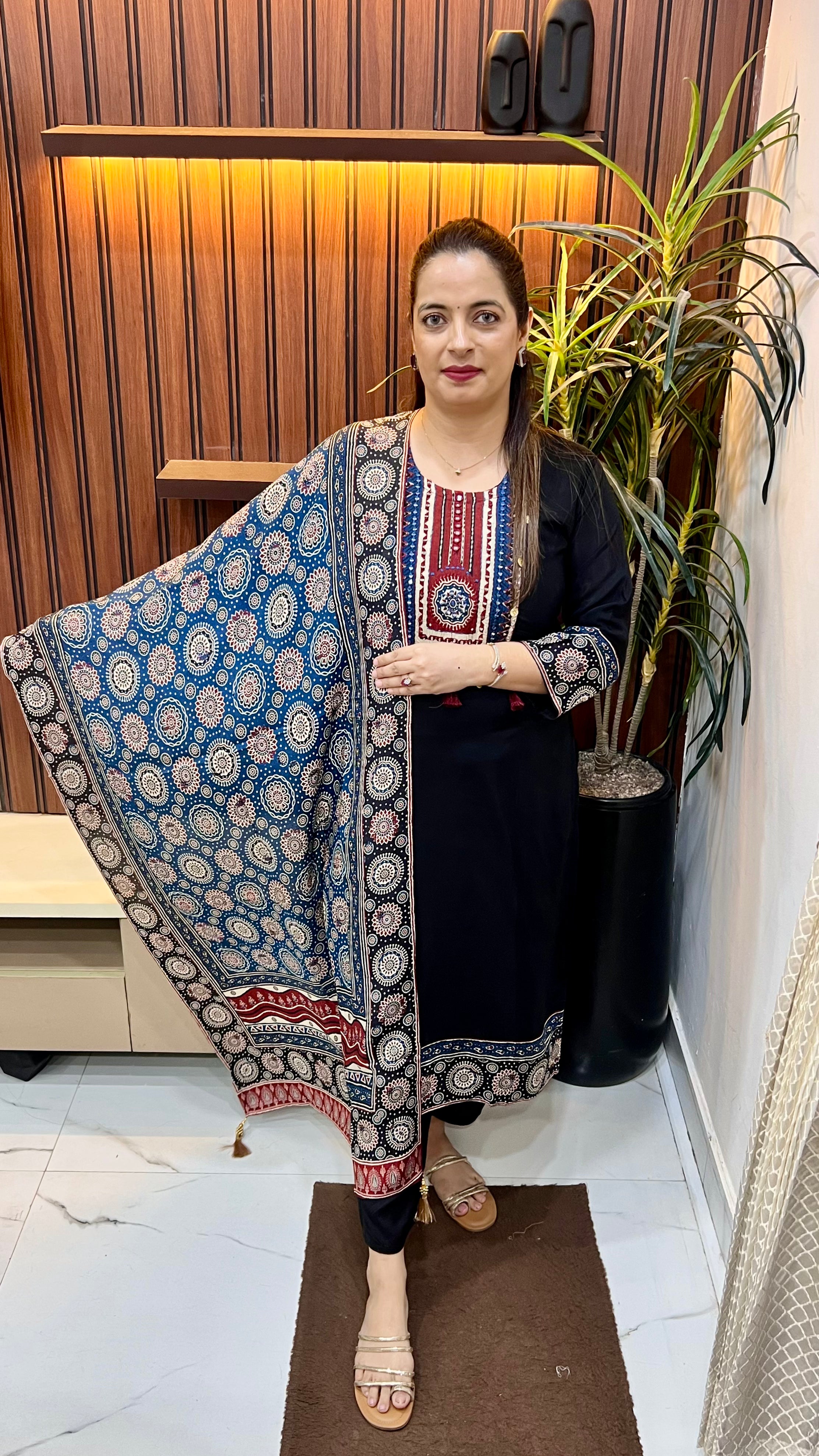 The Luxury Edition: Natural Crepe Ajrakh Panel & Ginni Work Suit