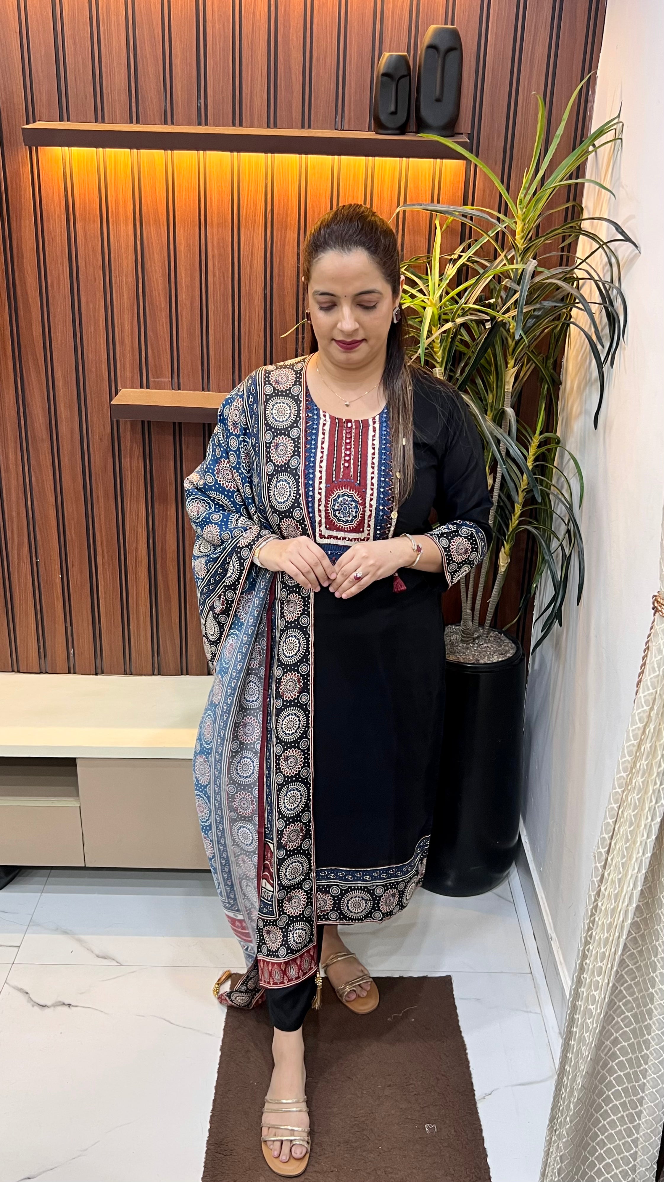 The Luxury Edition: Natural Crepe Ajrakh Panel & Ginni Work Suit