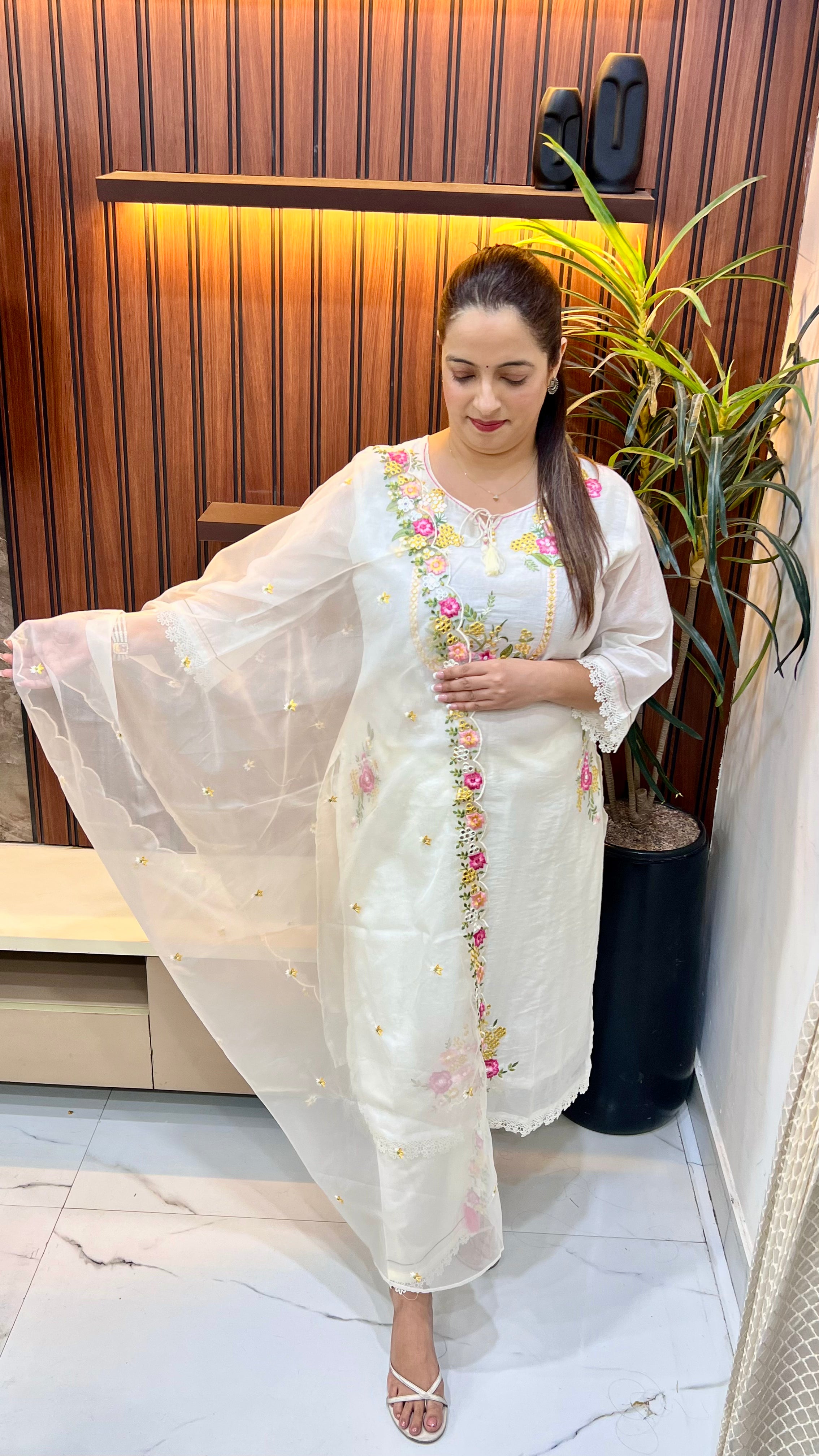 The Floral Elegance: Mulmul Cotton & Organza Multi-Craft Suit