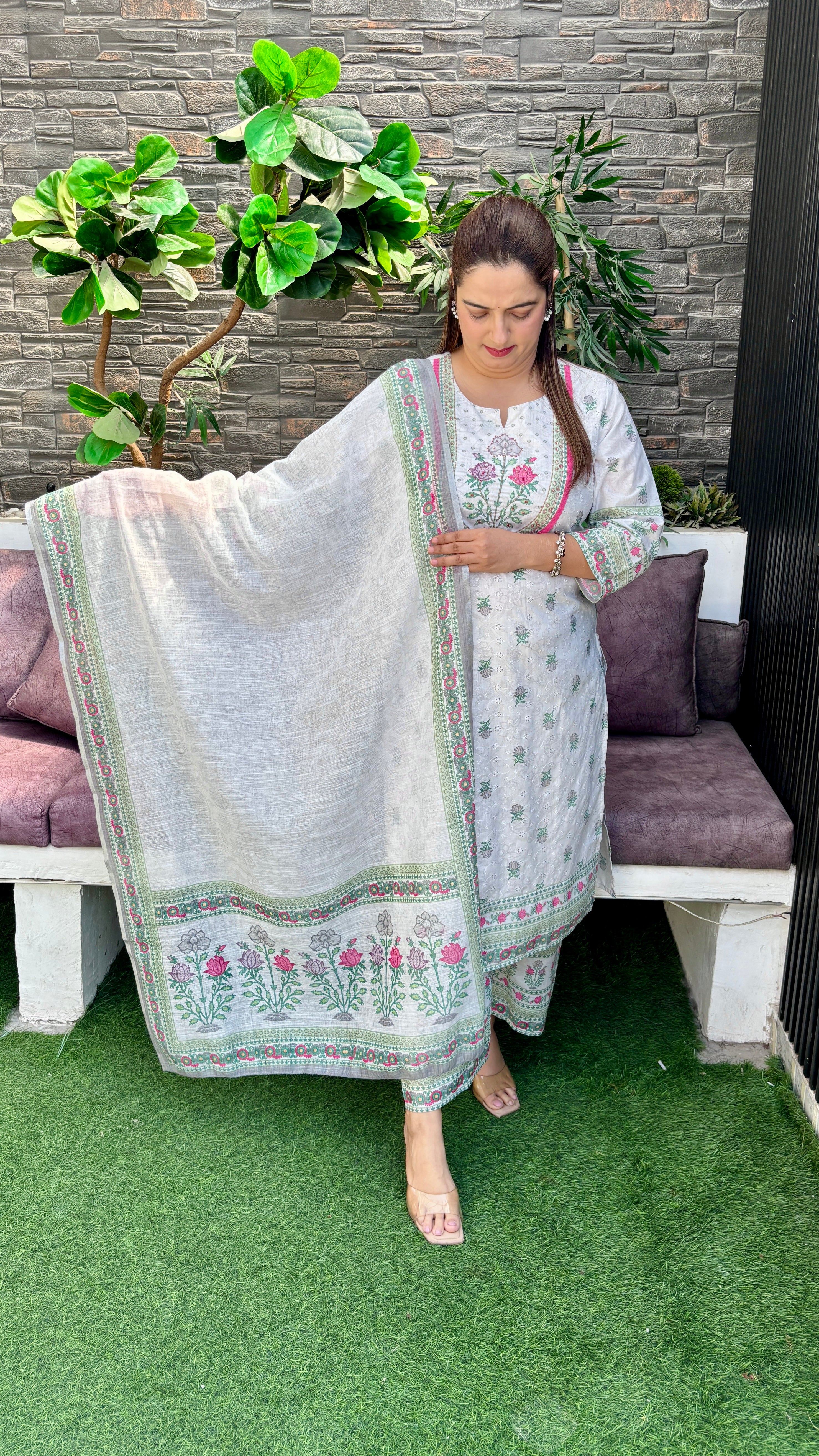 Schiffli Cotton Suit with Floral Design ✨