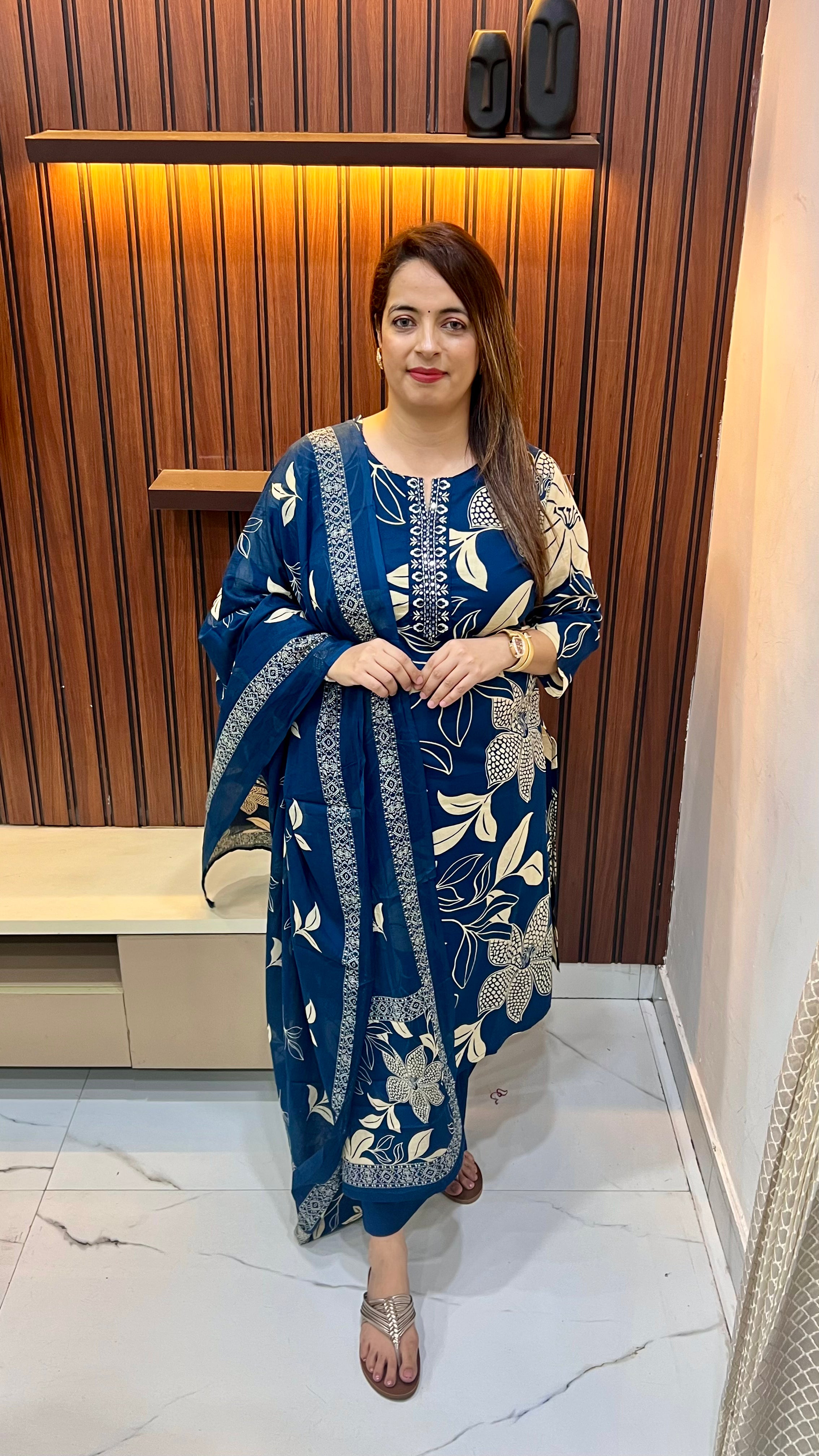 The Heritage Splendor: Pure Cotton Cool Print & Thread Embroidery Masterpiece