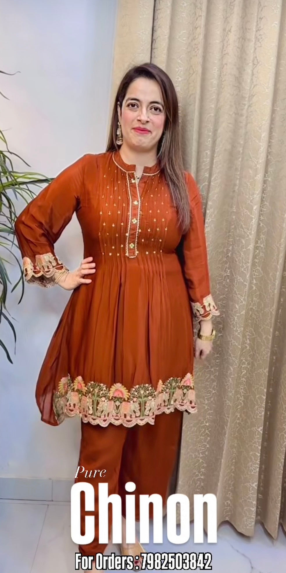 Crushed Pure Chinon Co-Ord Set with Pintex, Zari Work & Scalloped Cutwork