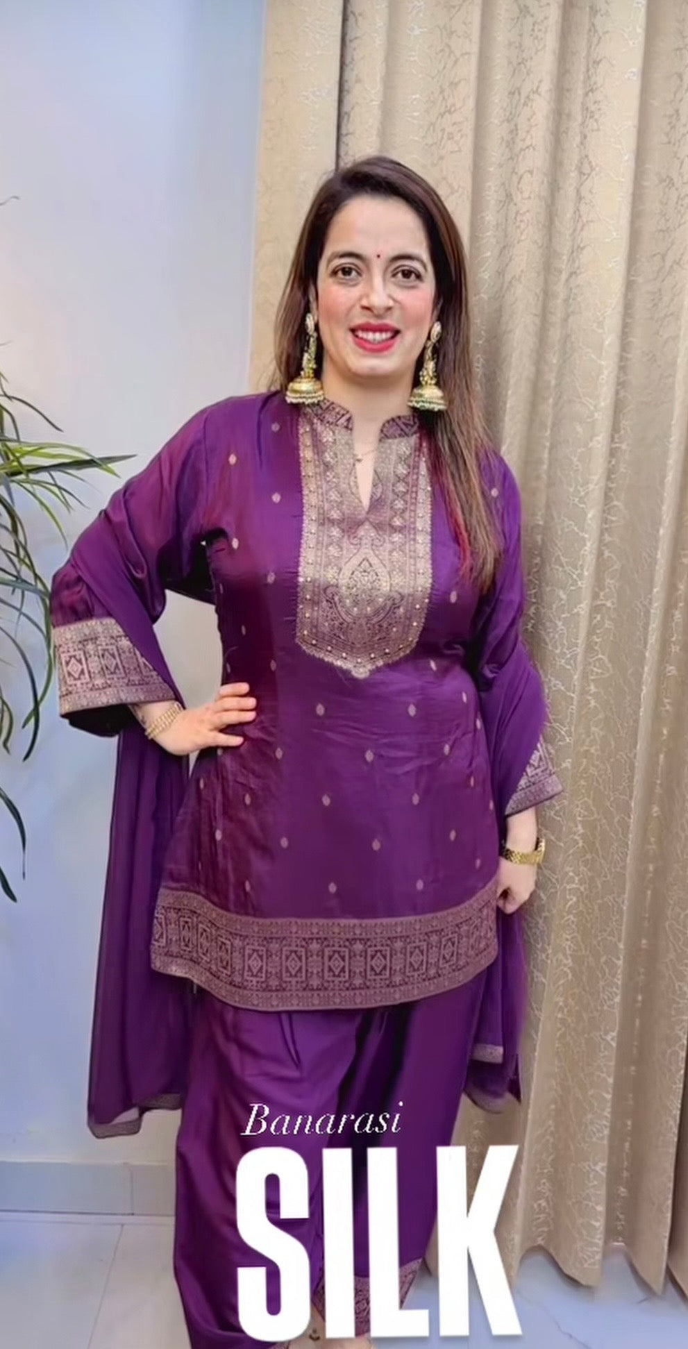Pure Banarasi Silk Suit with Ban Neck, Shantoon Farshi Salwar & Chiffon Dupatta