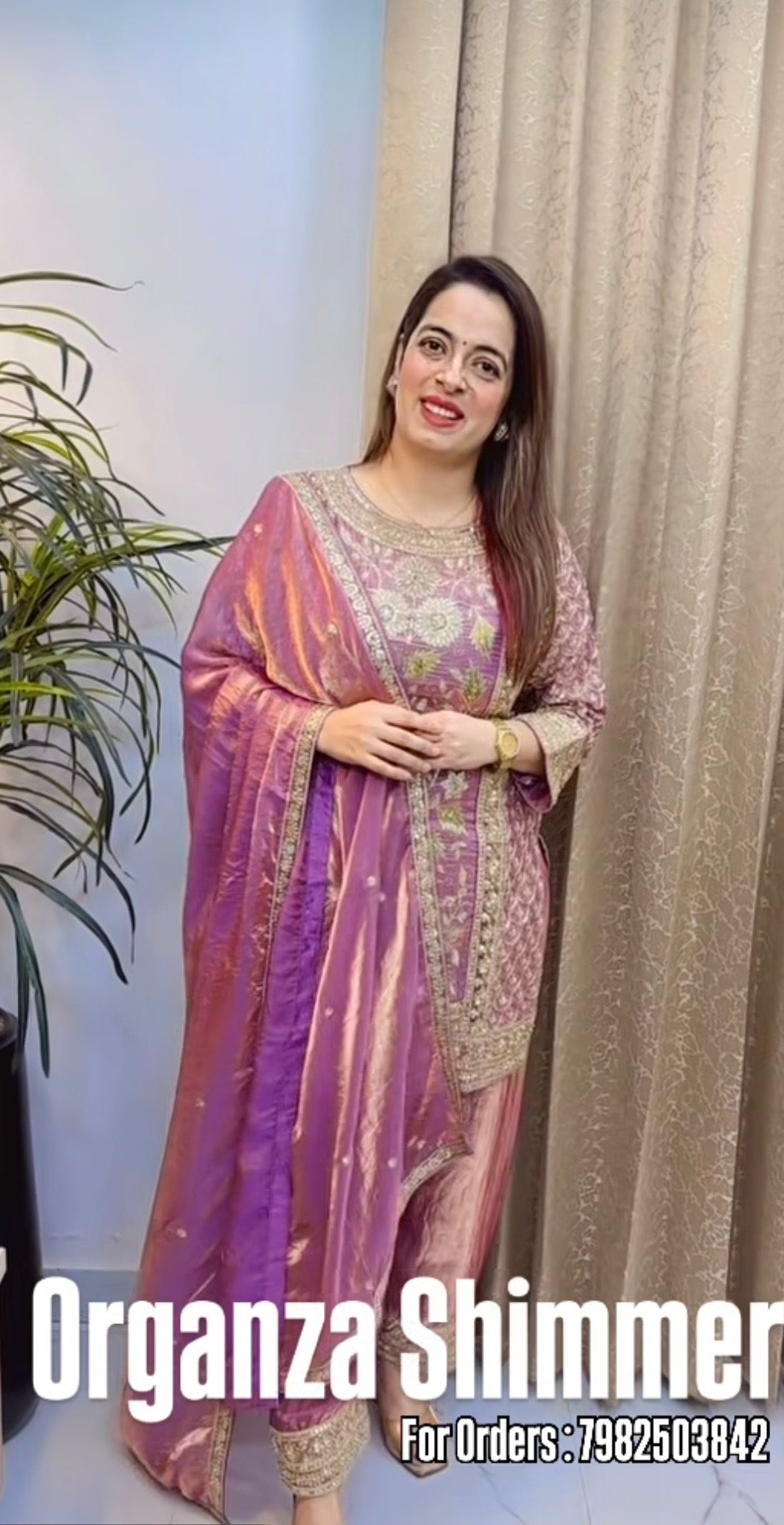 Organza Shimmer Suit with Zari & Resham Work, Farshi Salwar & Embroidered Dupatta