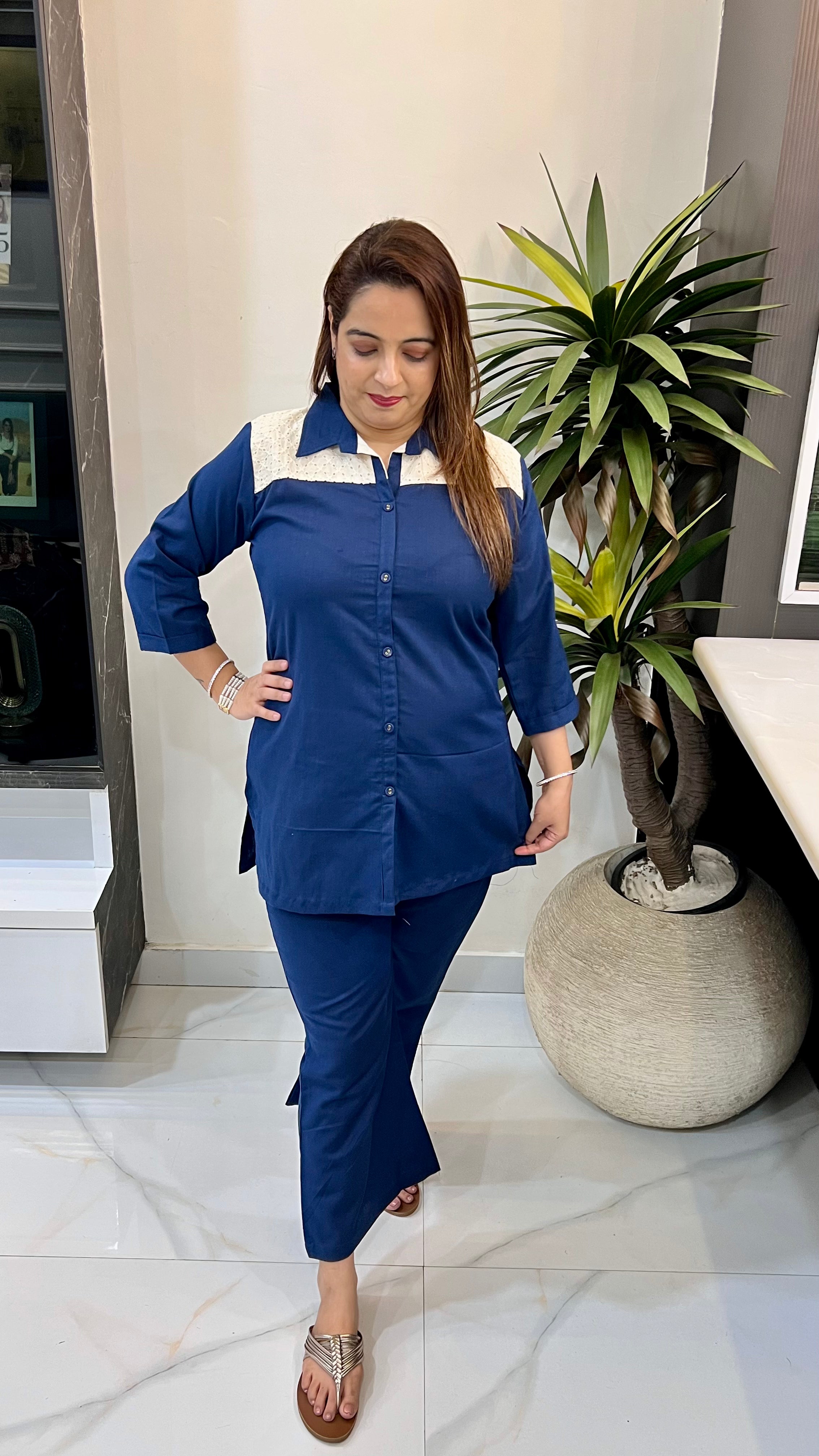 The Boutique Signature: Schiffli Cotton Co-Ord Set with Contemporary Side Slits