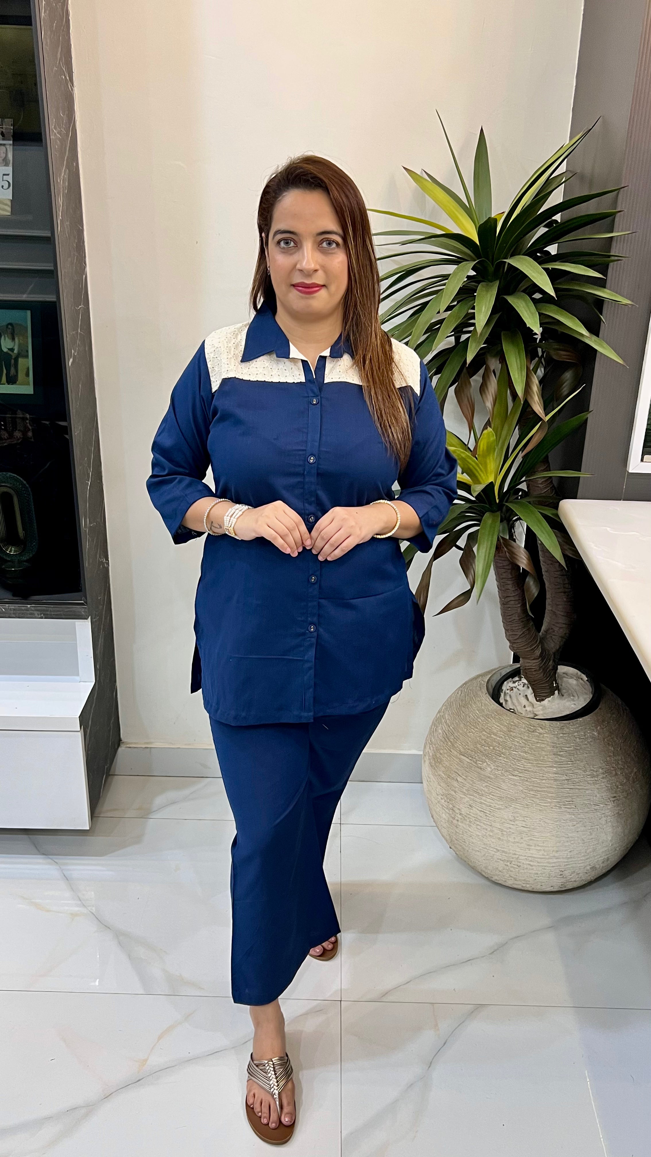 The Boutique Signature: Schiffli Cotton Co-Ord Set with Contemporary Side Slits