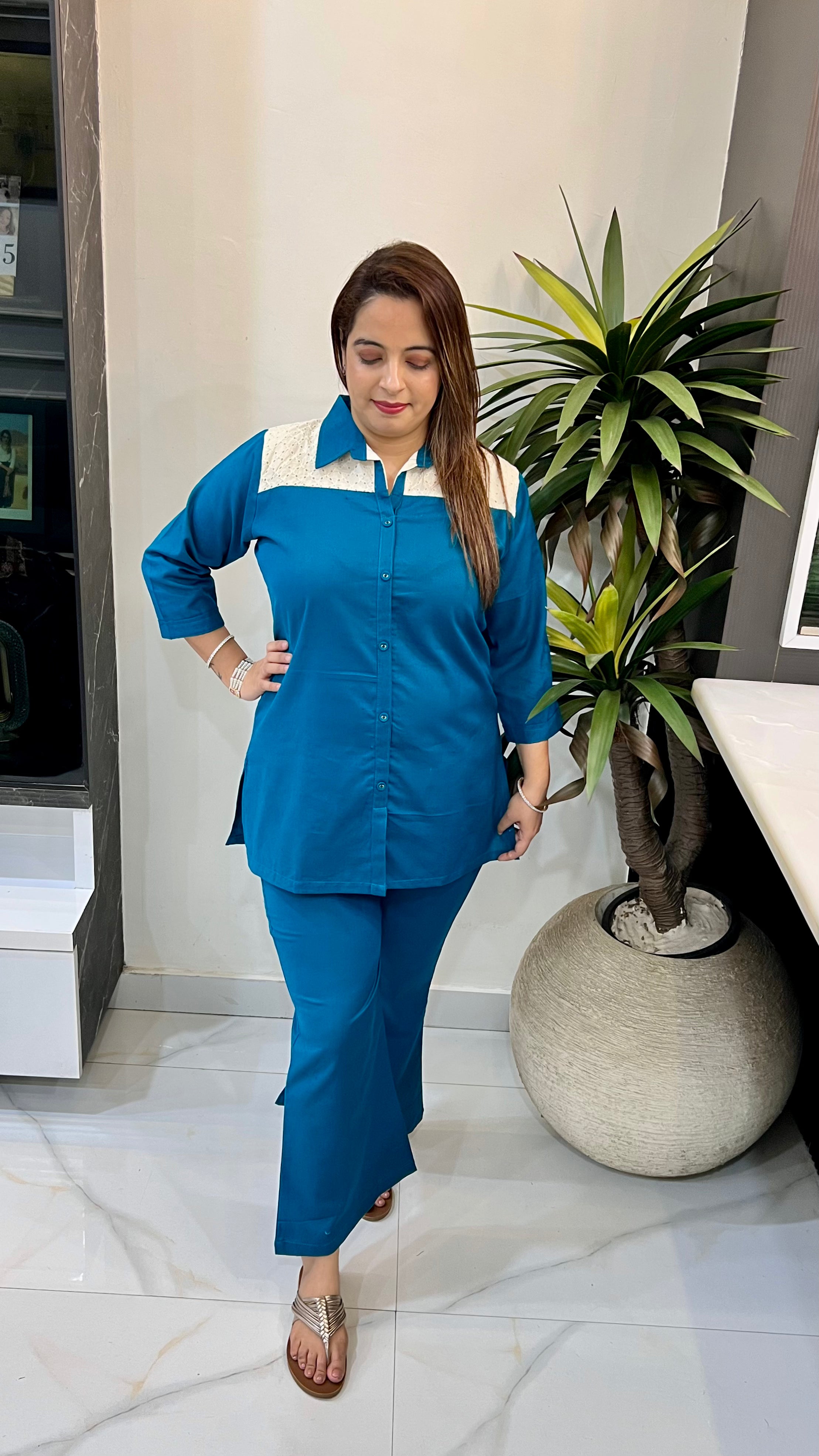 The Boutique Signature: Schiffli Cotton Co-Ord Set with Contemporary Side Slits