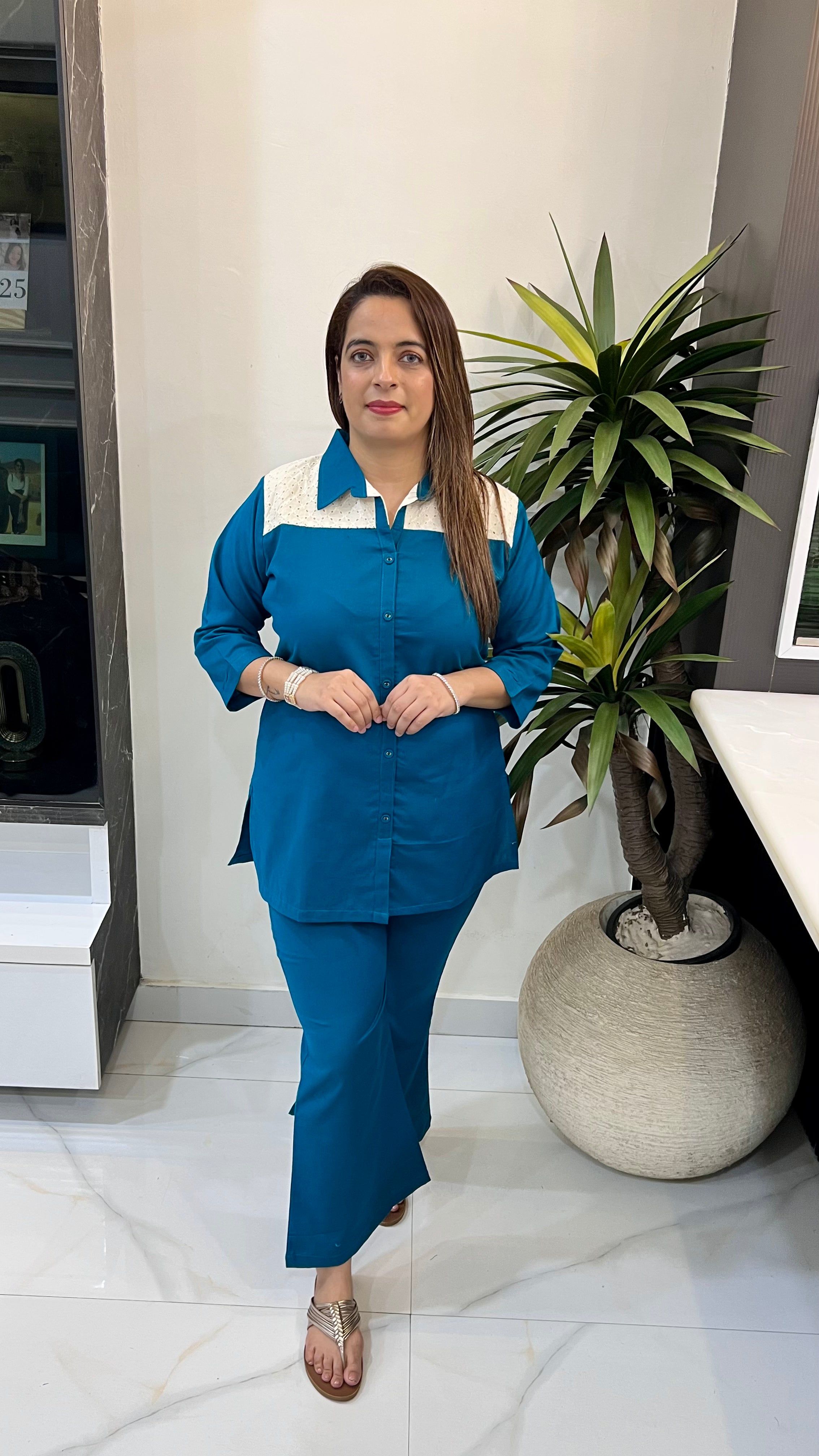 The Boutique Signature: Schiffli Cotton Co-Ord Set with Contemporary Side Slits