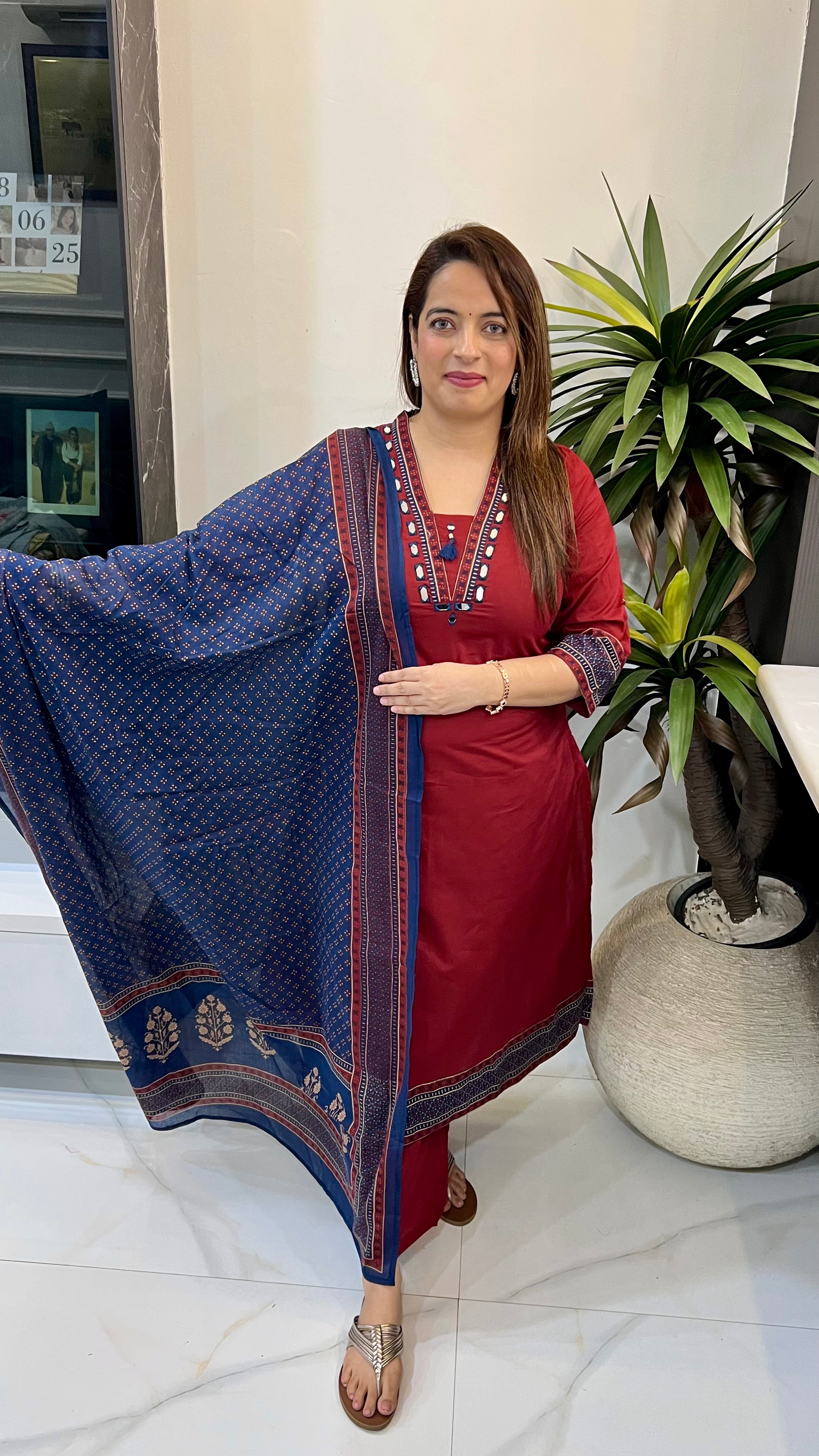 The Boutique Signature: Pure Cotton Kalamkari & Real Mirror Masterpiece