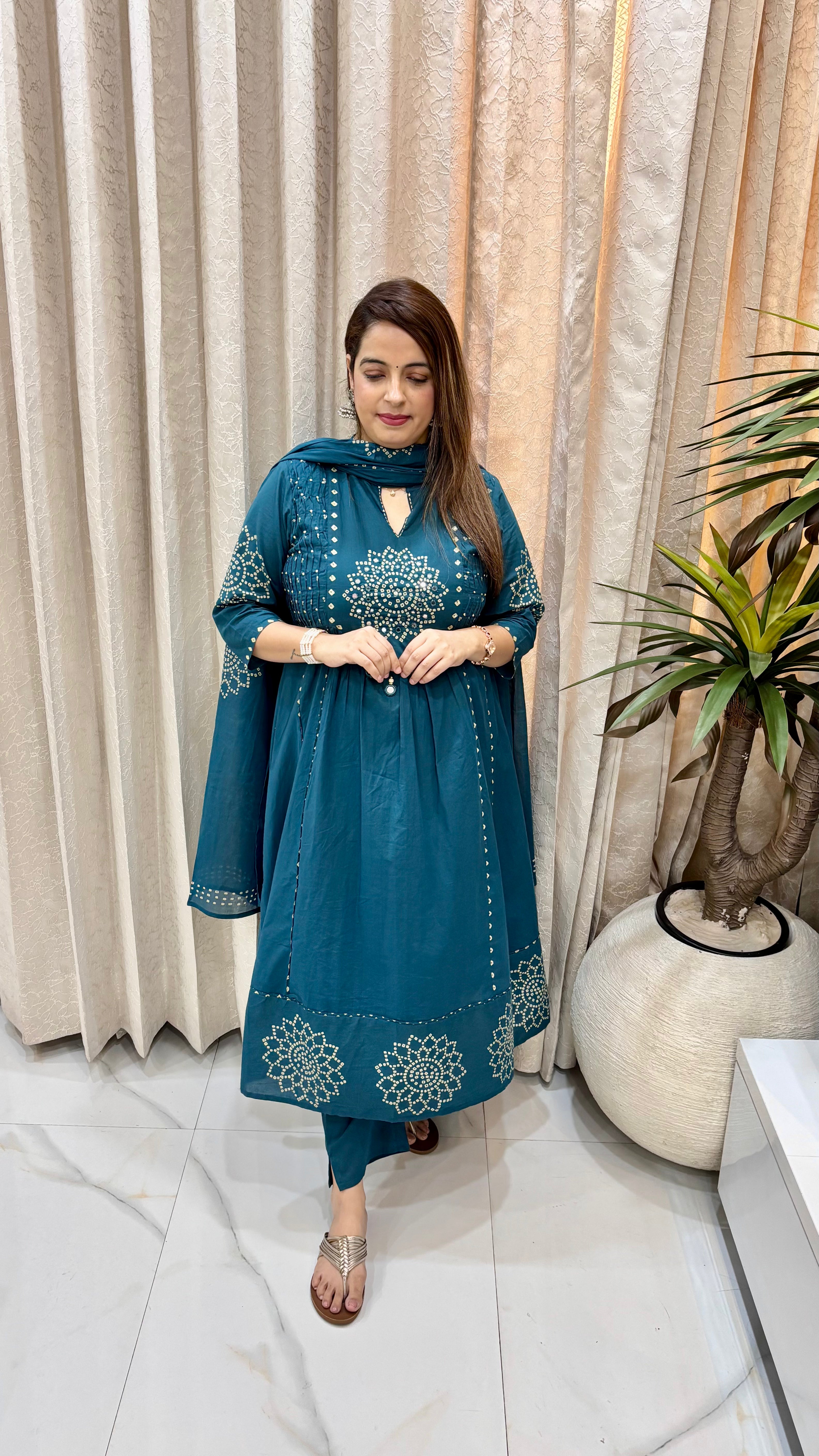 Teal Bandhani-Inspired A-Line Suit with Mirror & Bead Accents