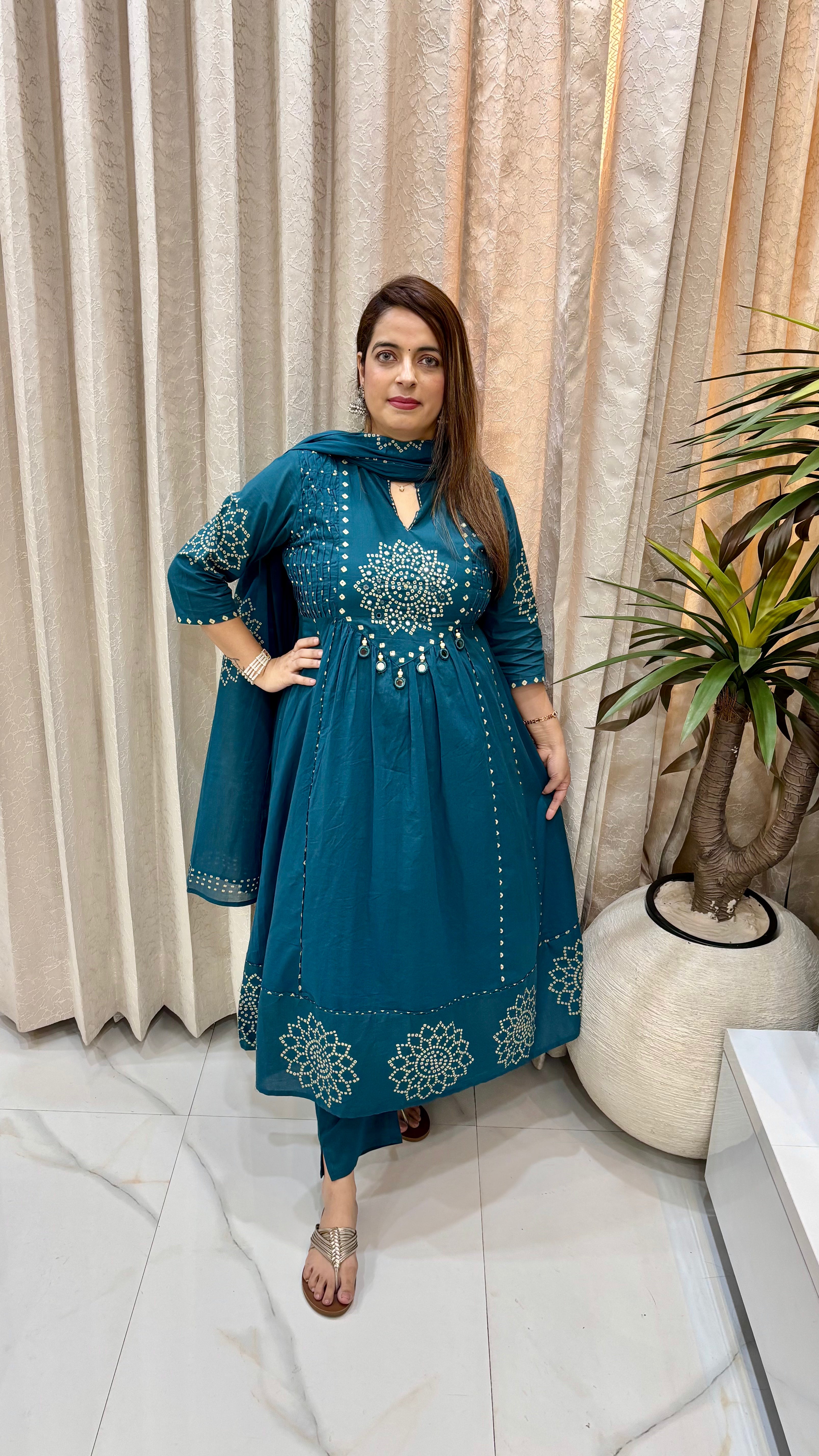 Teal Bandhani-Inspired A-Line Suit with Mirror & Bead Accents