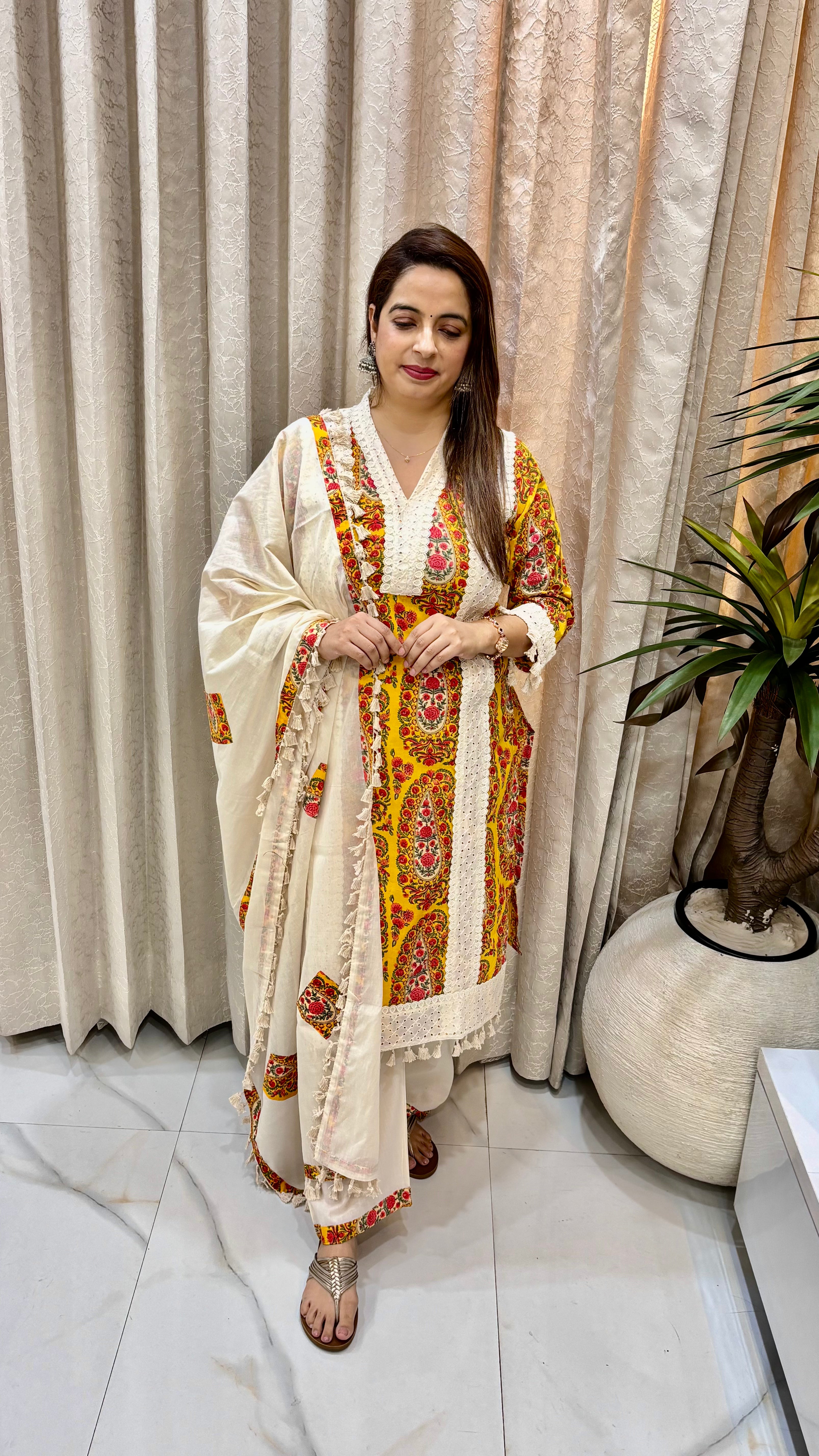 Yellow & Pink Floral Jaal Suit with Kashmiri Paisley & Schiffli Lace