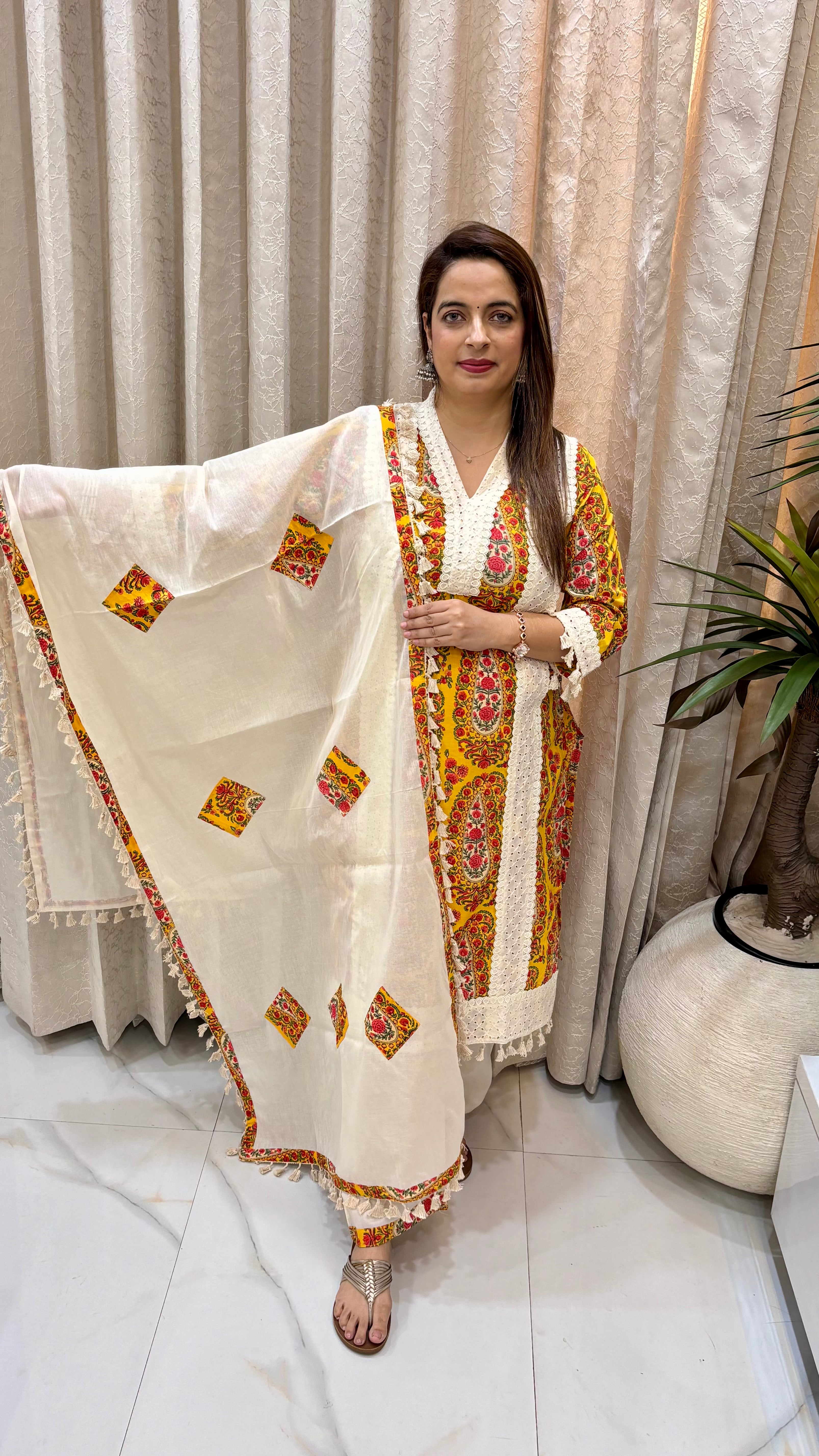 Yellow & Pink Floral Jaal Suit with Kashmiri Paisley & Schiffli Lace