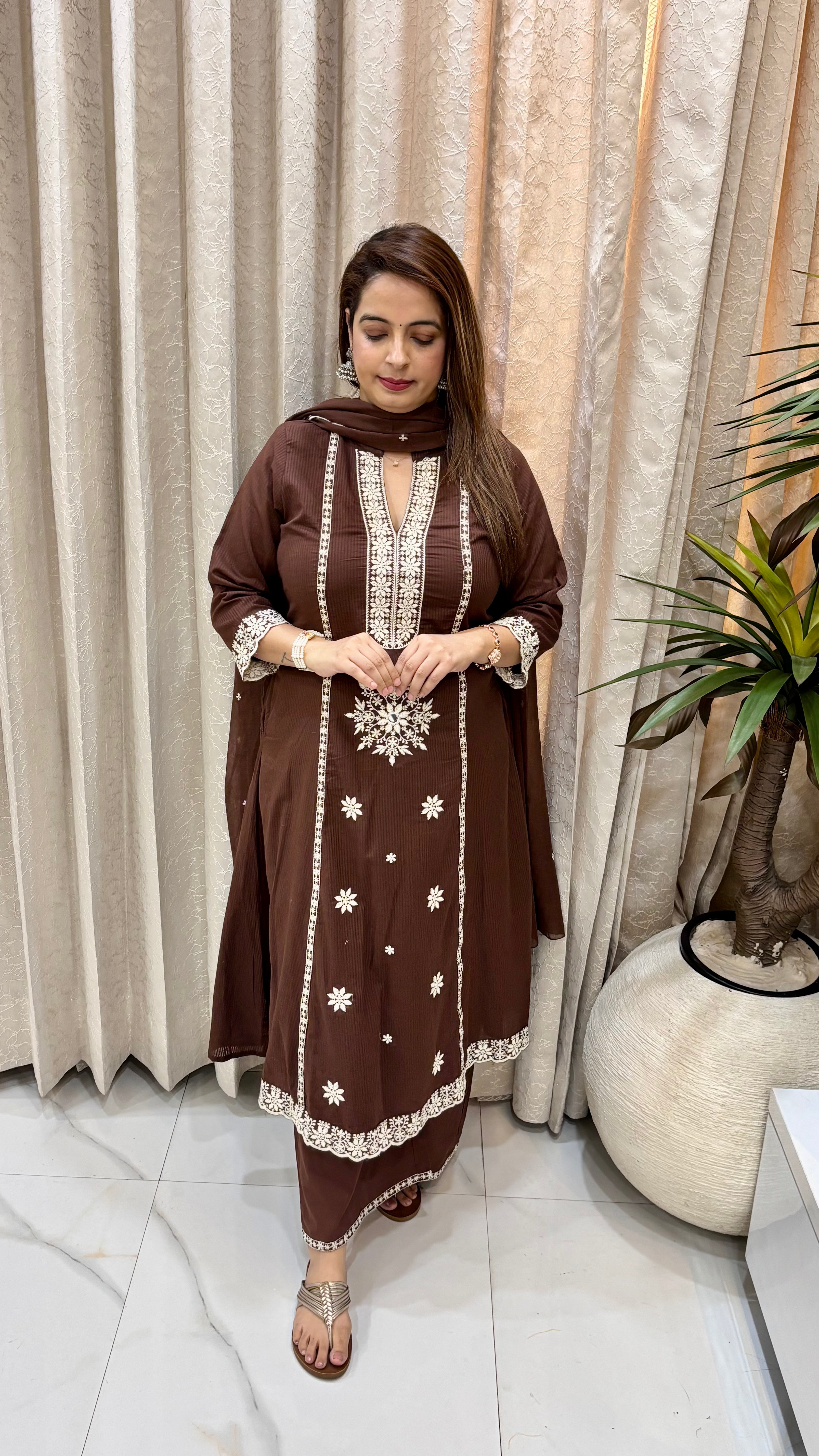 Pure Cotton Embroidered Suit with Palazzo & Mul Cotton Dupatta