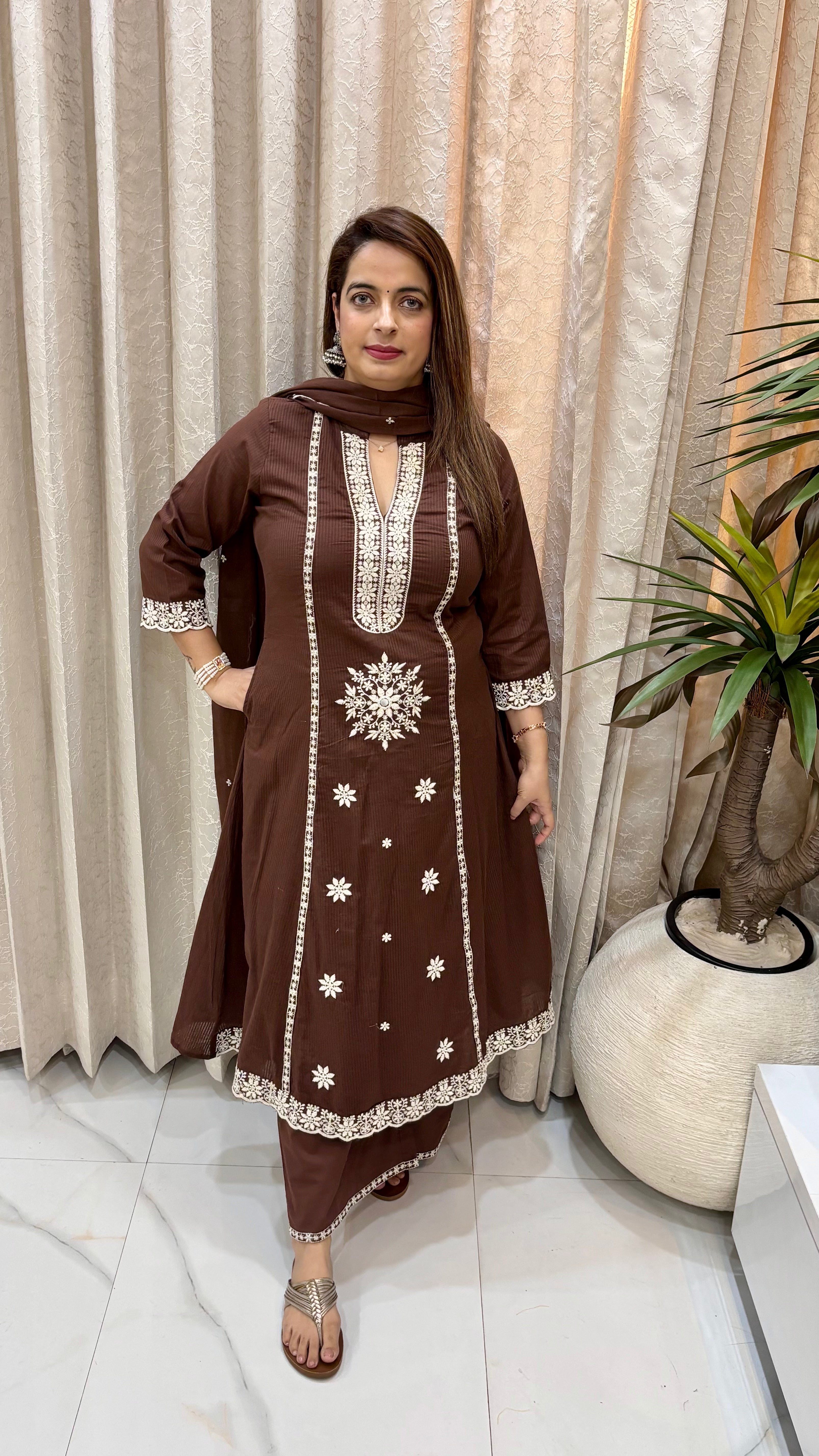 Pure Cotton Embroidered Suit with Palazzo & Mul Cotton Dupatta