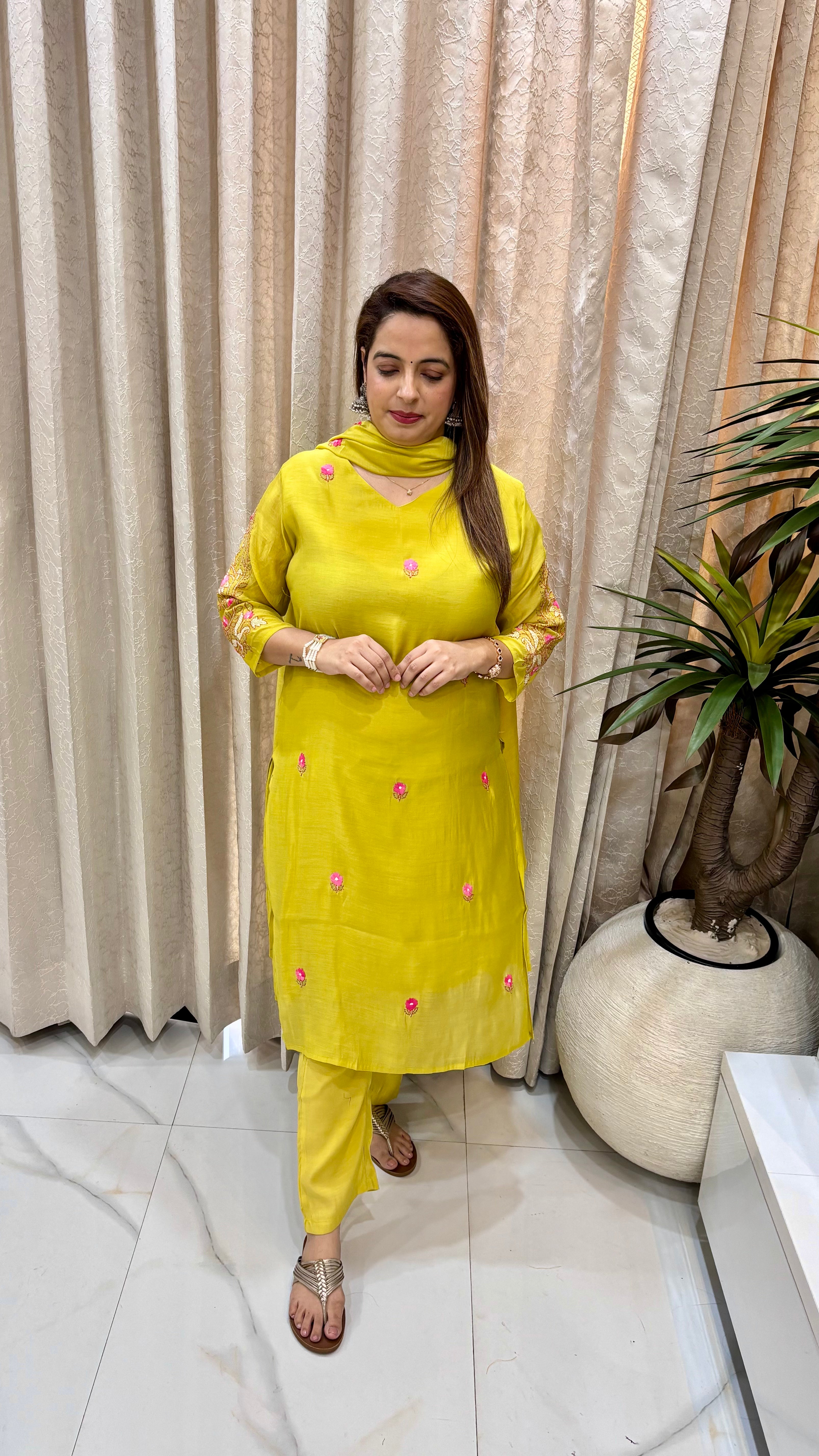 Mul Chanderi Floral Suit with Hand Embroidery & Kantha Sleeves
