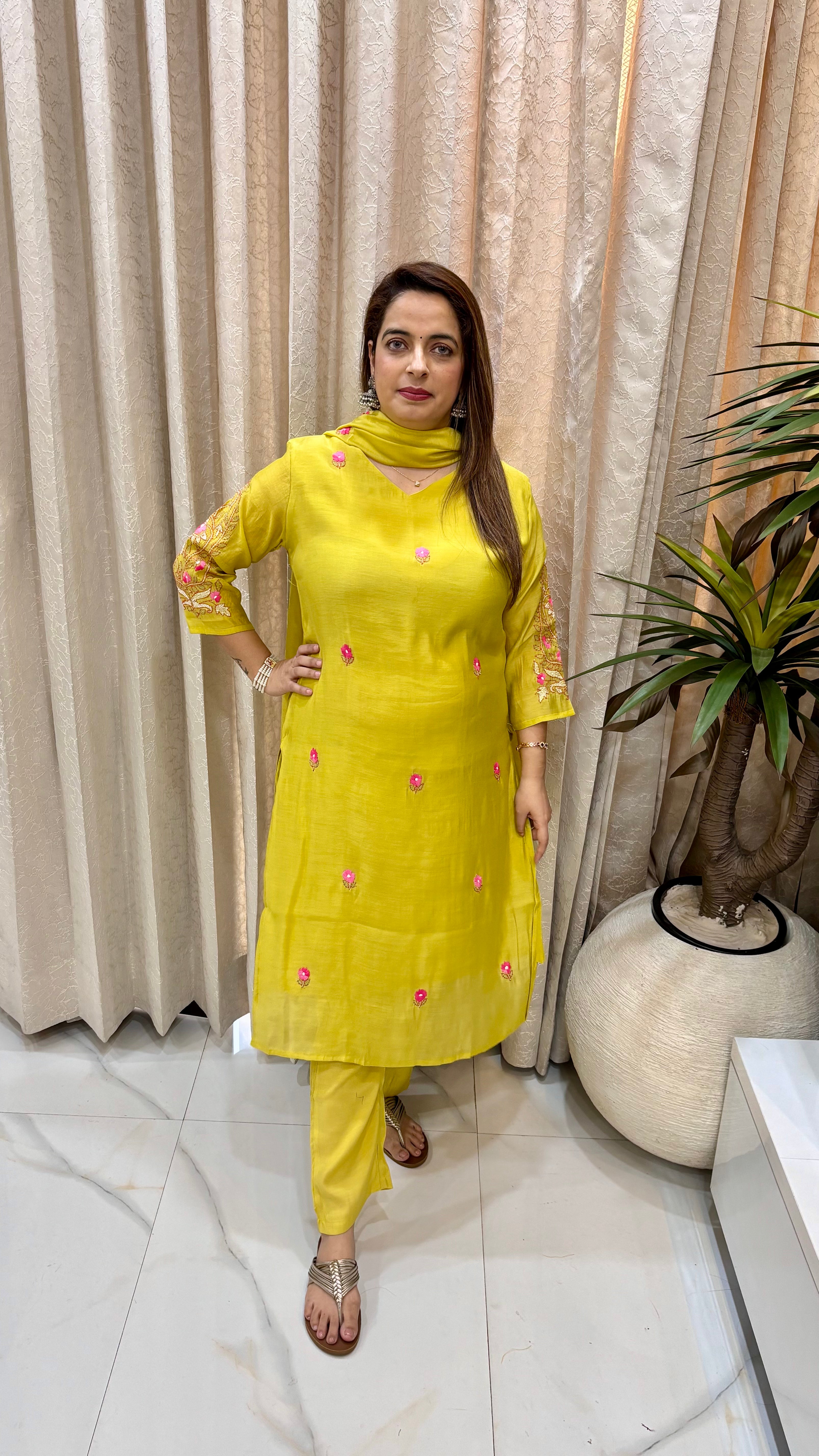 Mul Chanderi Floral Suit with Hand Embroidery & Kantha Sleeves