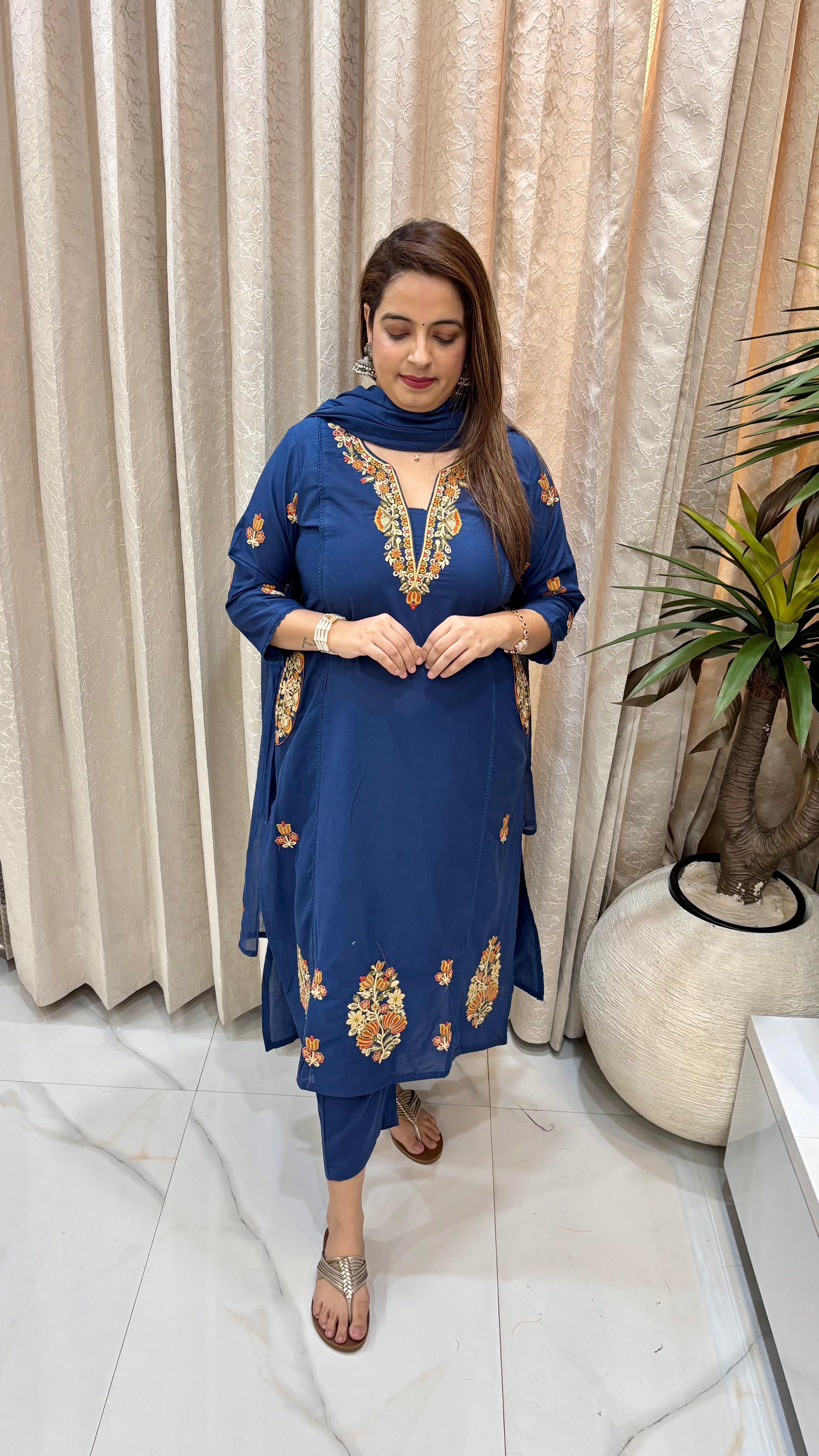 Navy Blue Floral Embroidered & Lace Detail Cotton Suit