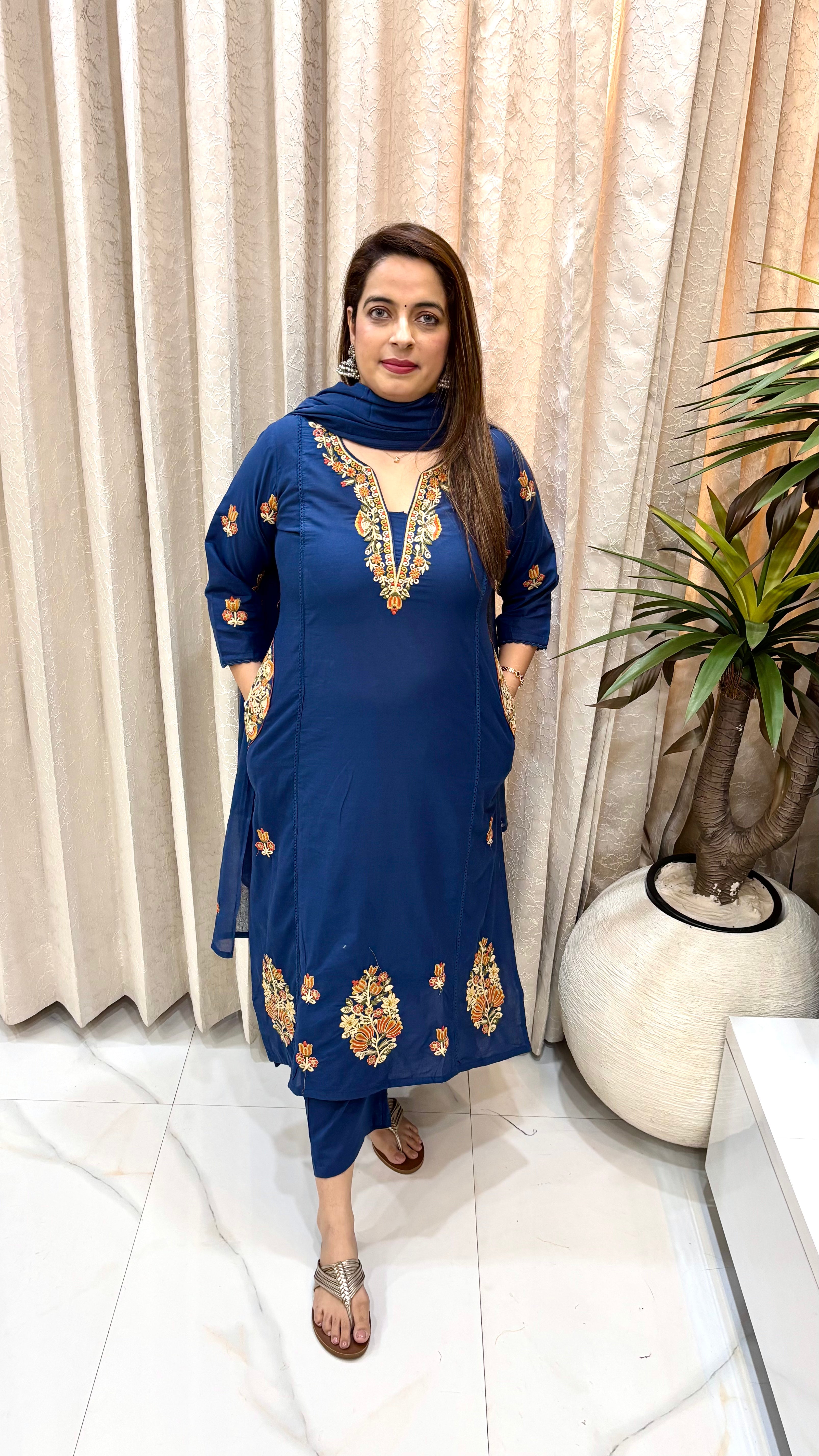 Navy Blue Floral Embroidered & Lace Detail Cotton Suit