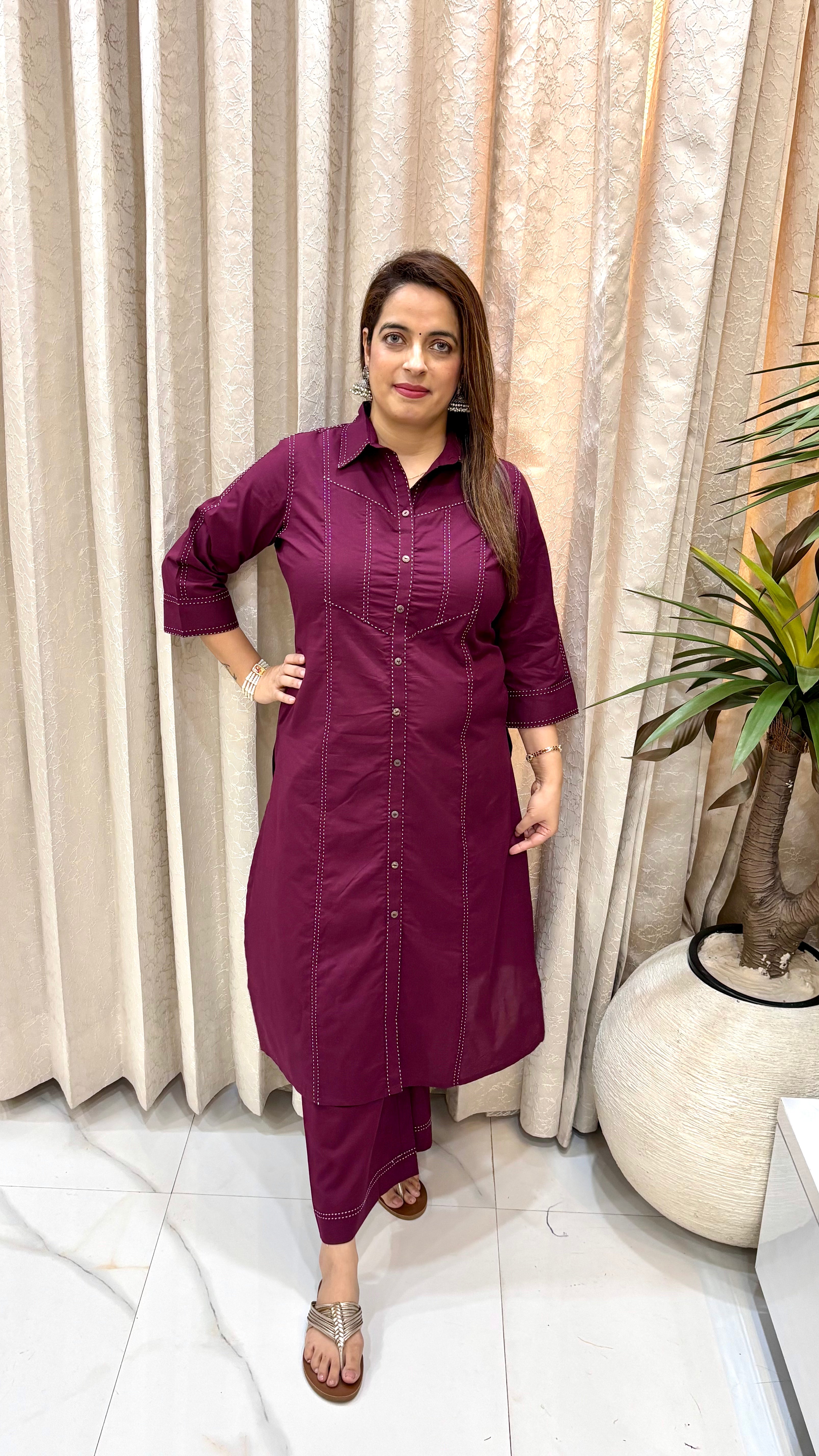 Pure Cotton Kantha-Inspired Long Shirt Co-ord Set