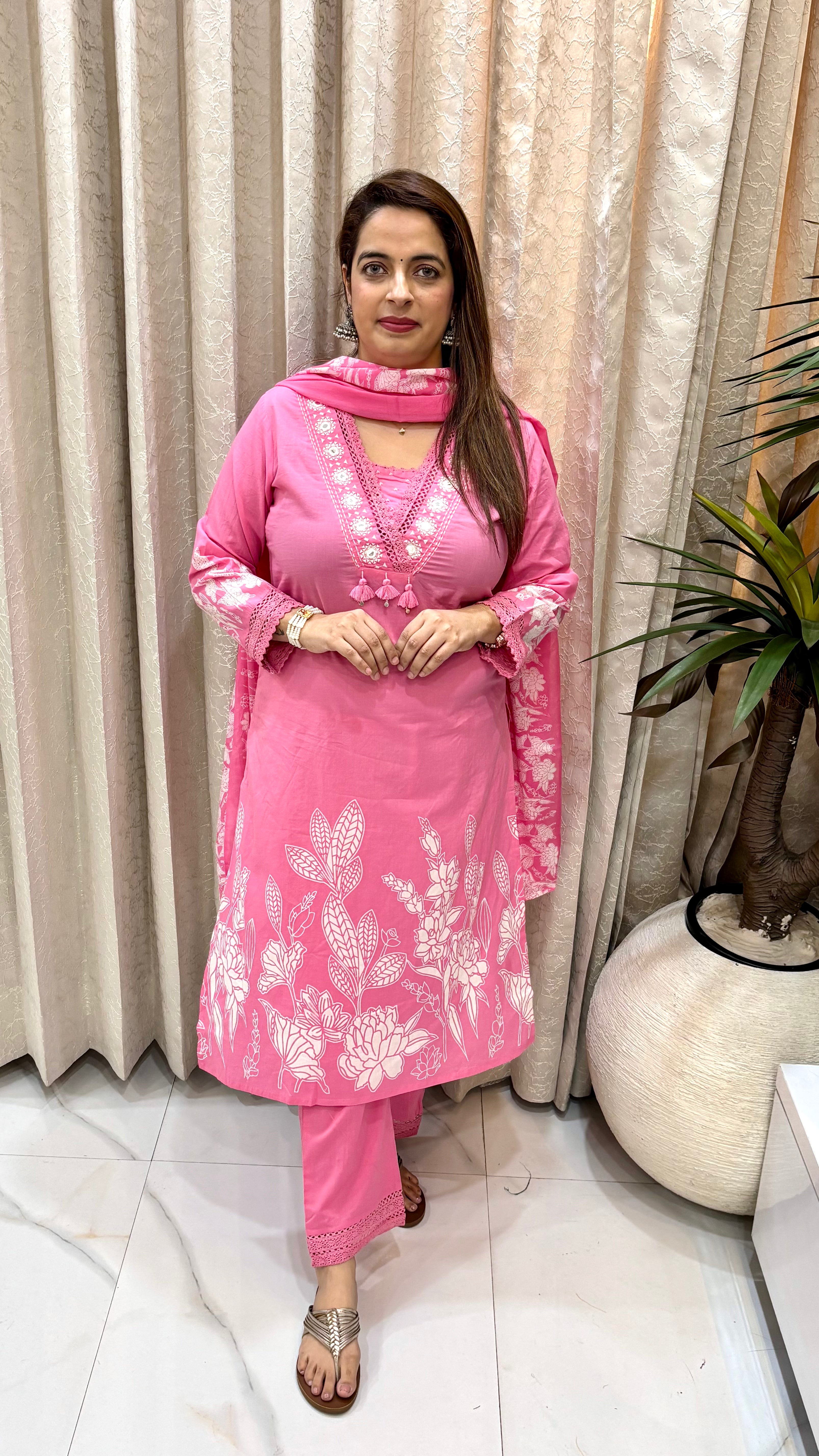 Rose Pink Embroidered Suit with French Knots & Crochet Lace