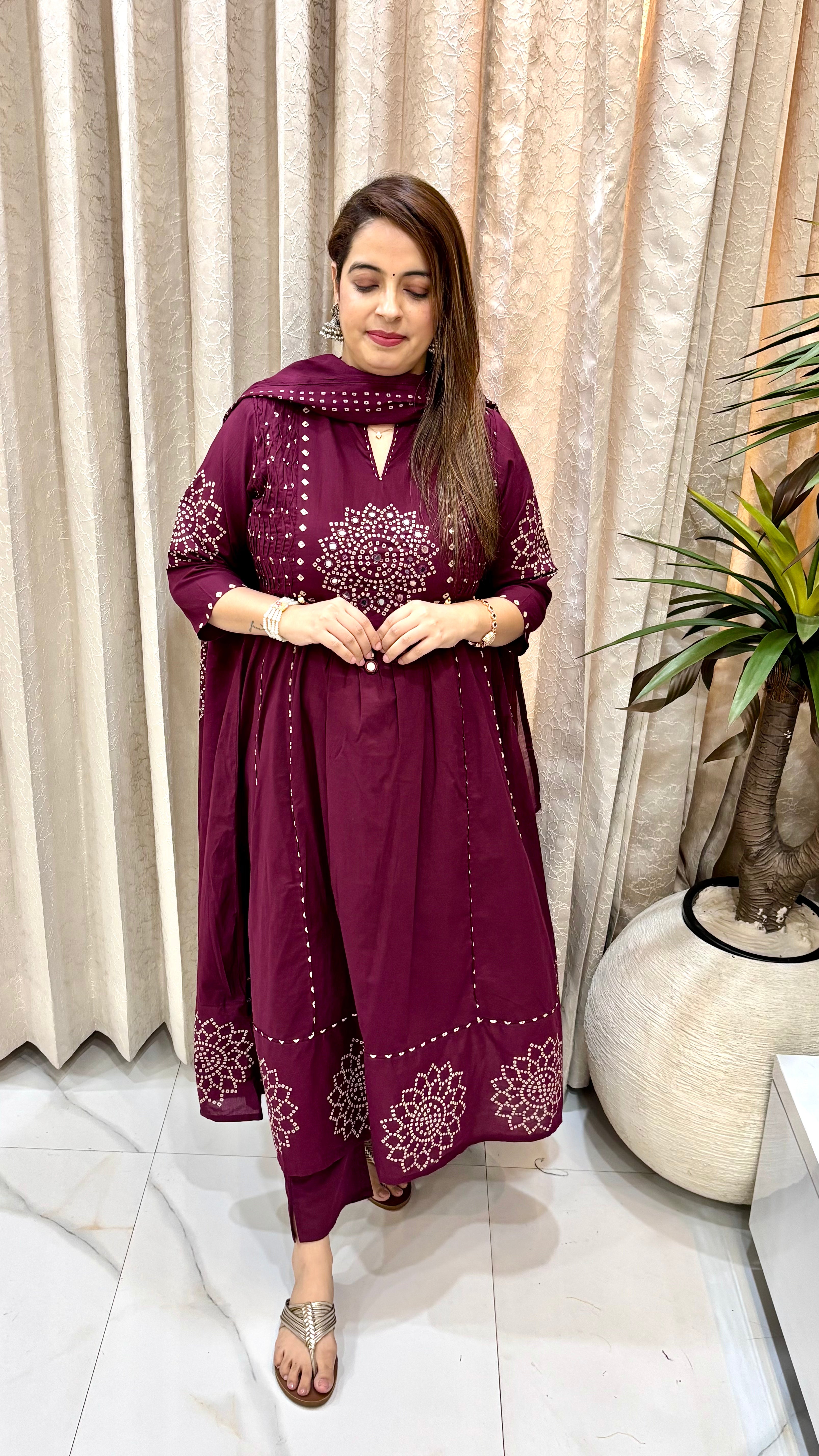 Bandhani-Inspired A-Line Suit with Mirror & Bead Accents