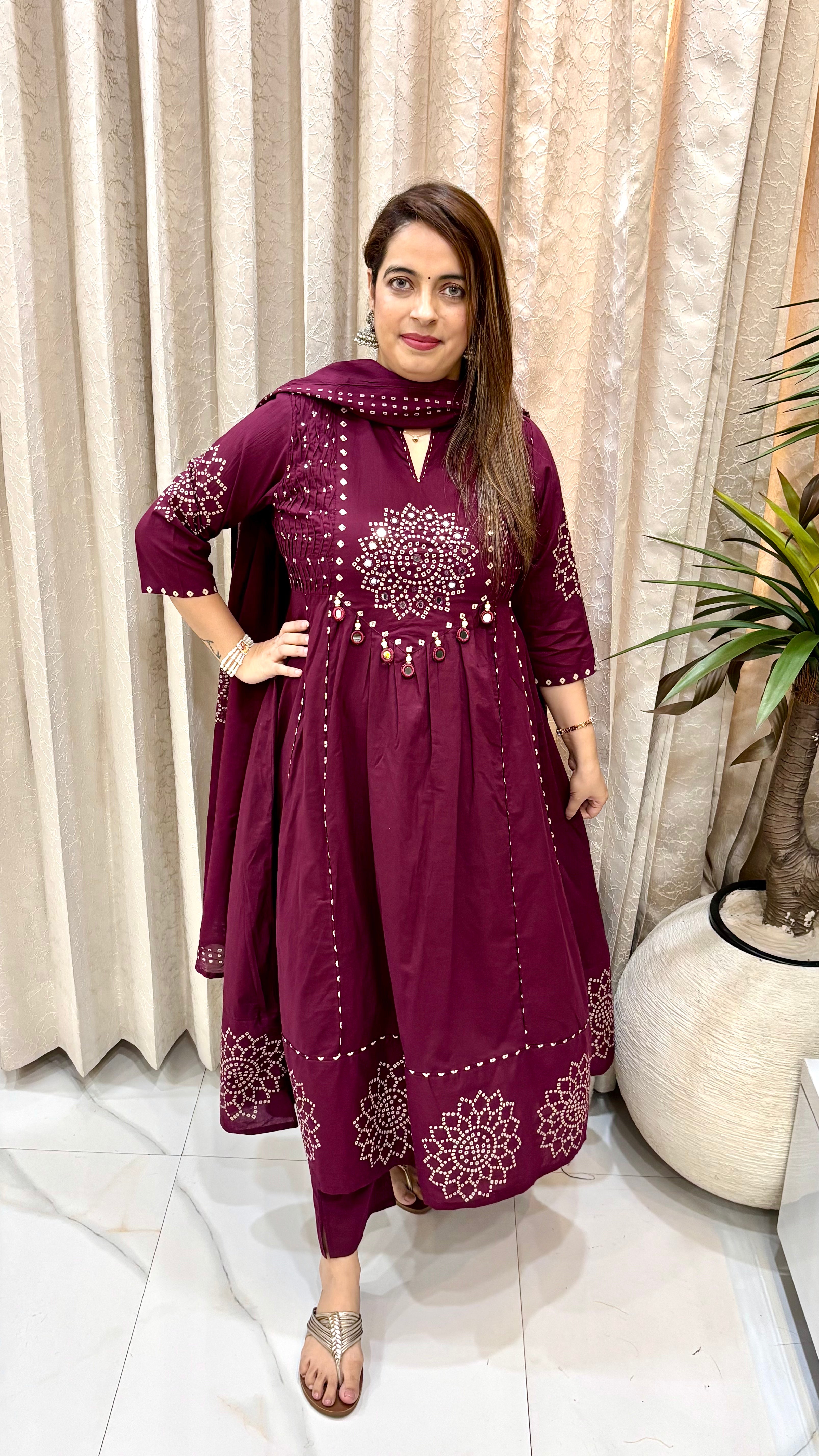 Bandhani-Inspired A-Line Suit with Mirror & Bead Accents