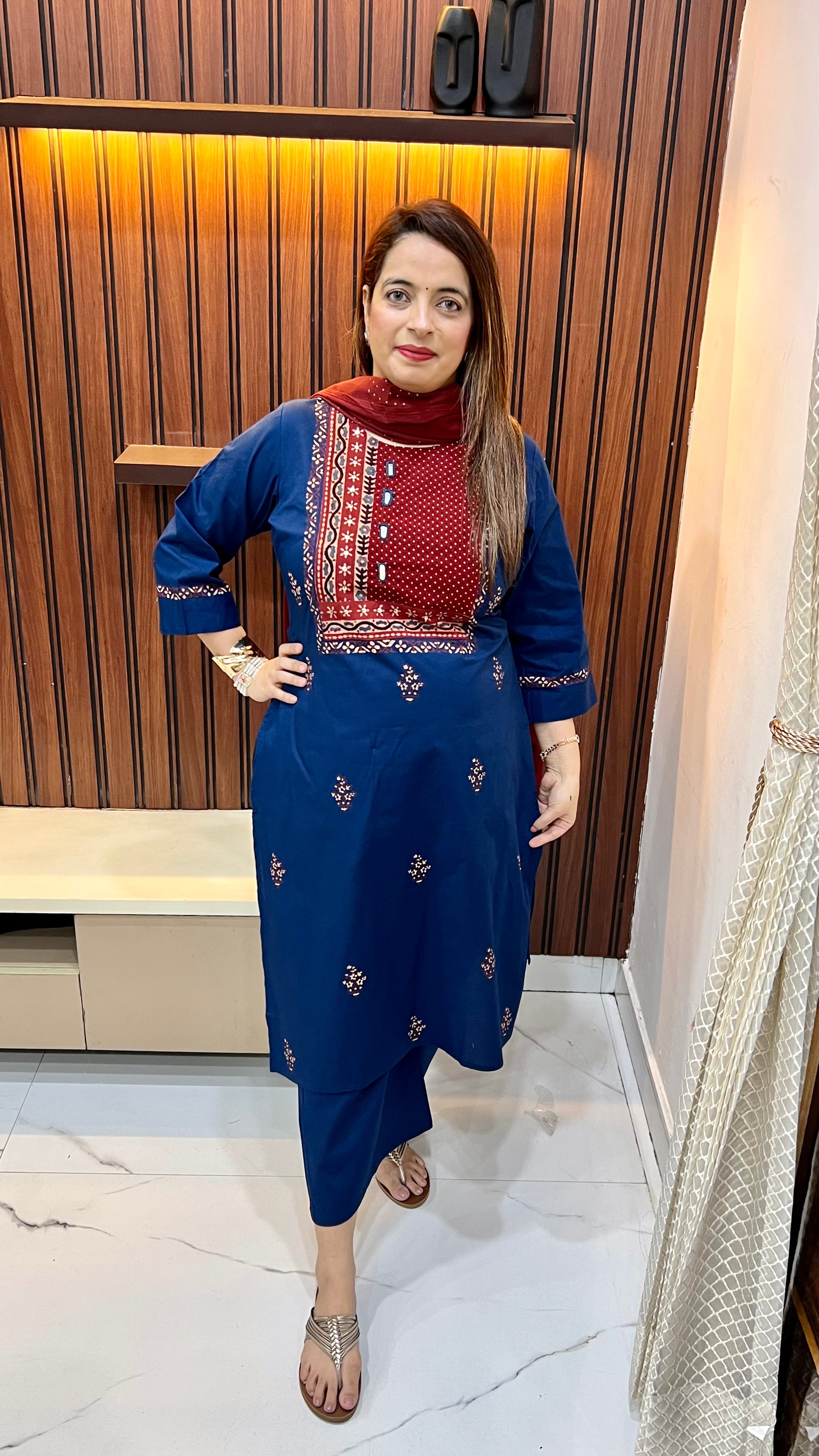 Pure Cotton Ajrak Print Suit with Mirror Highlighted Palazzo
