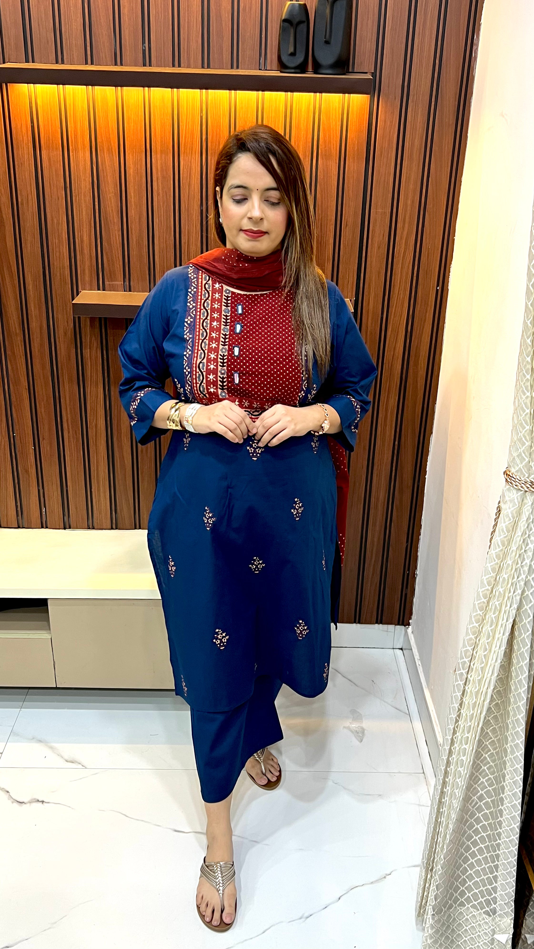 Pure Cotton Ajrak Print Suit with Mirror Highlighted Palazzo