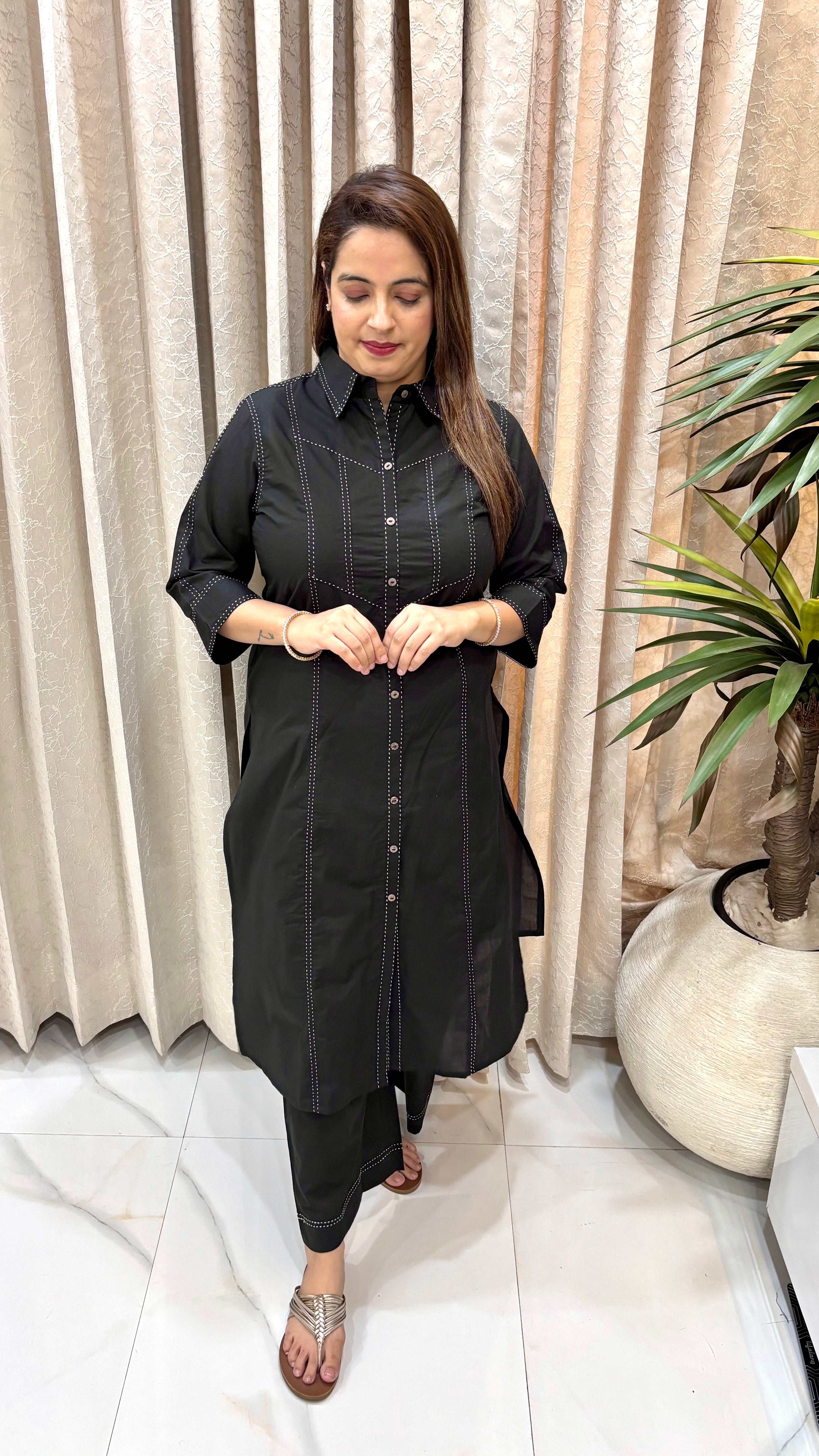 Pure Cotton Sherwani Style Co-ord Set with Kantha Work