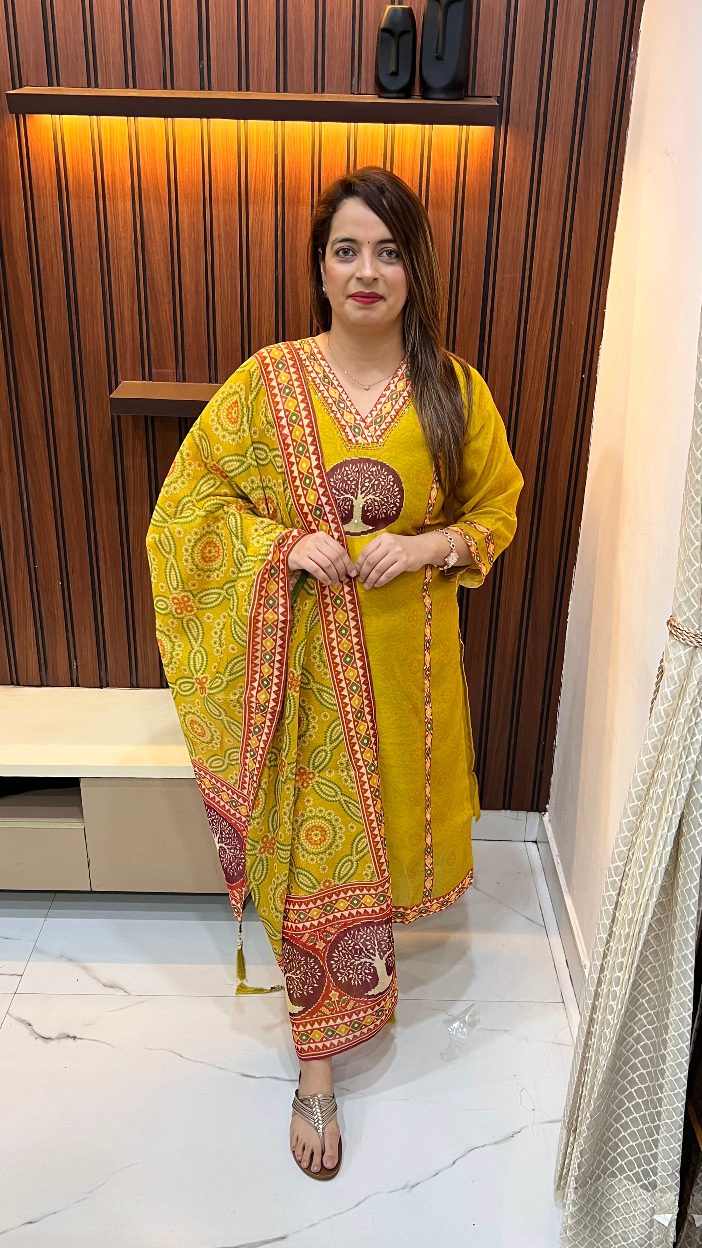 Maheshwari Silk Suit with Digital Print & Kalamkari Striped Neckline