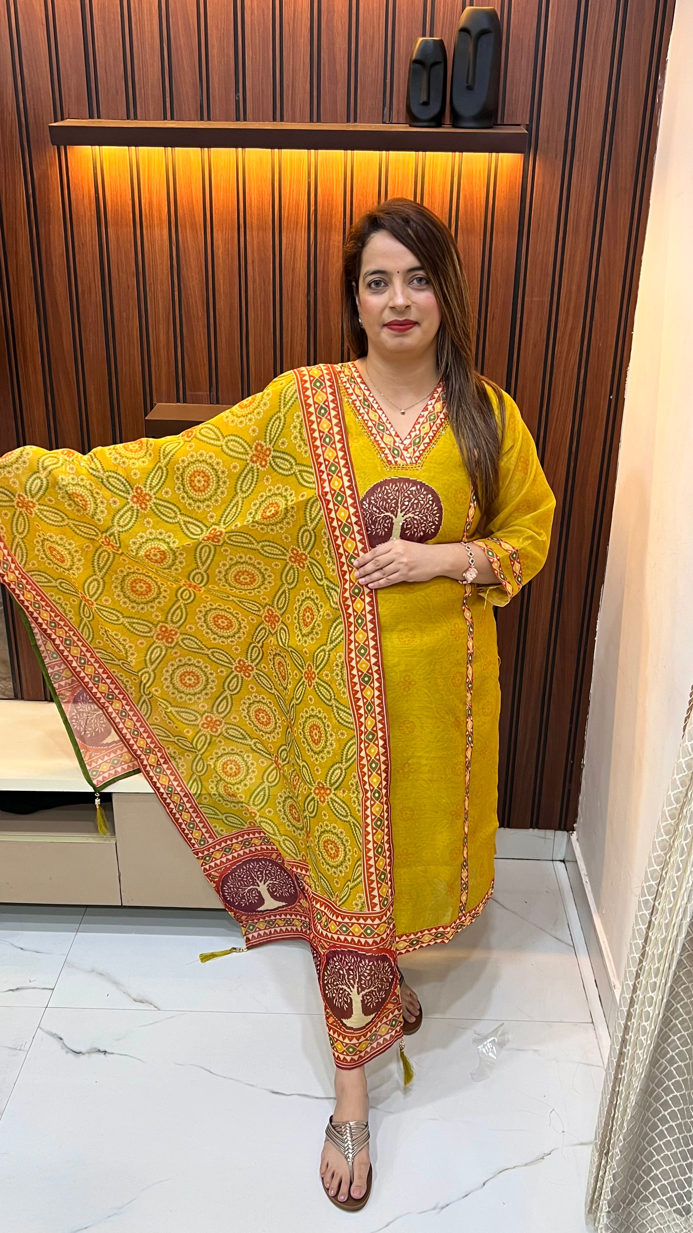 Maheshwari Silk Suit with Digital Print & Kalamkari Striped Neckline