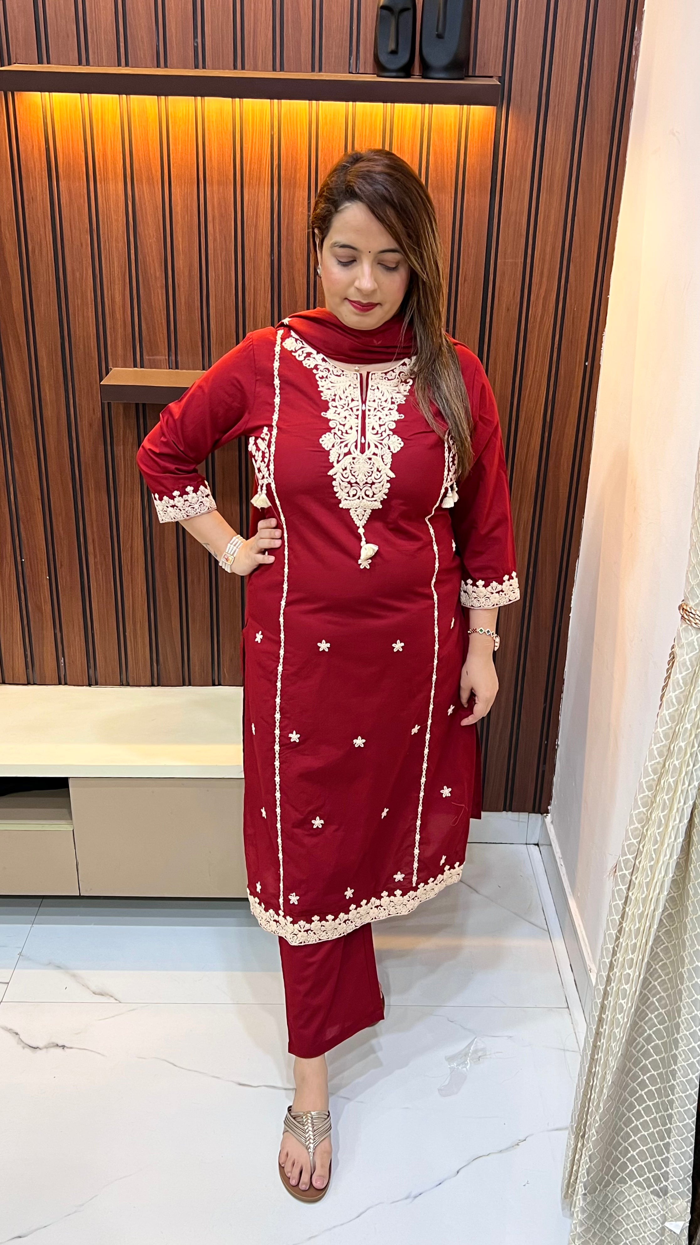 Pure Cotton Suit with All-Over Thread Embroidery & Handmade Tassels