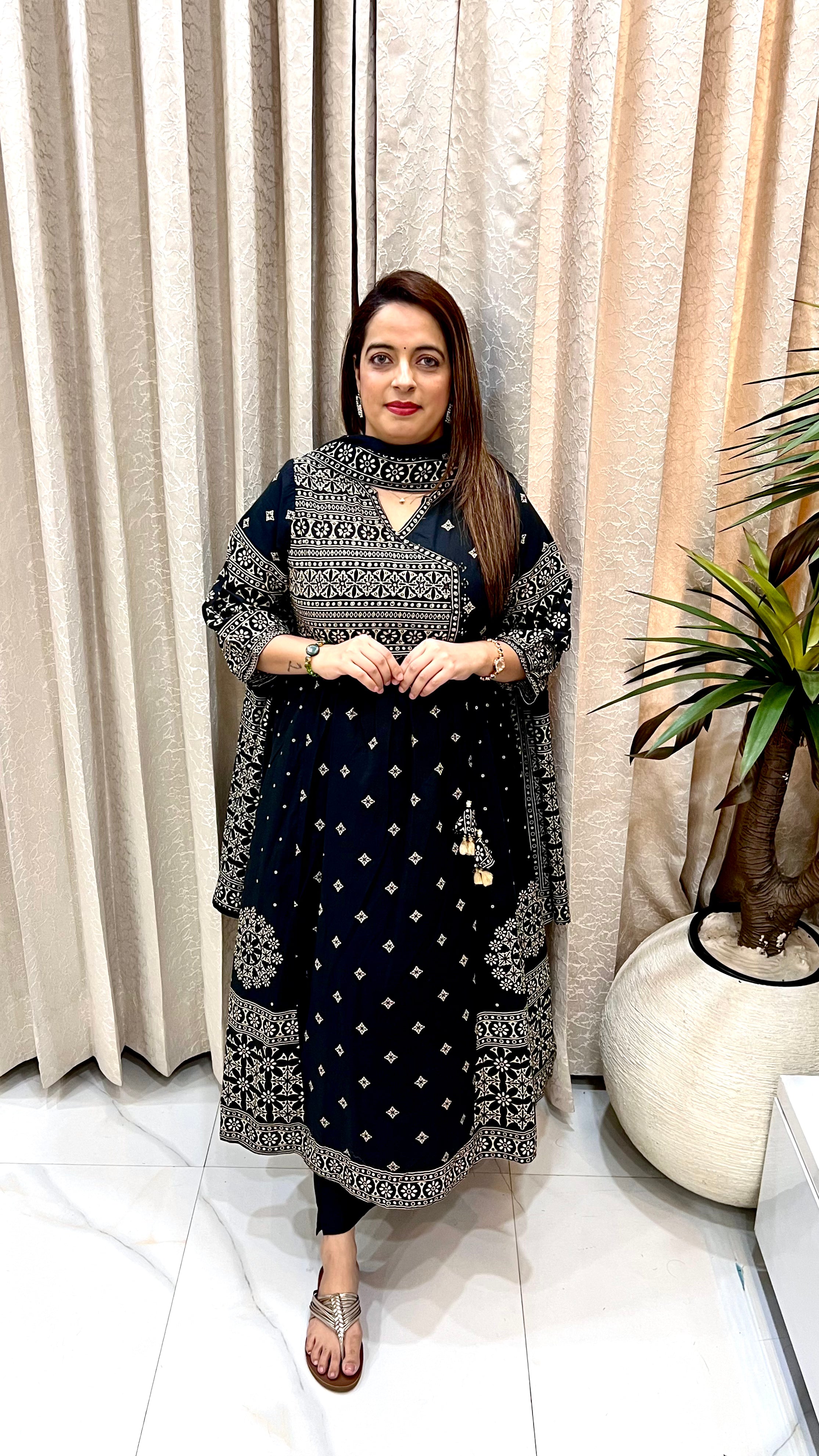 Pure Cotton Kalamkari Print Anarkali Suit with Mirror & Sequence Work