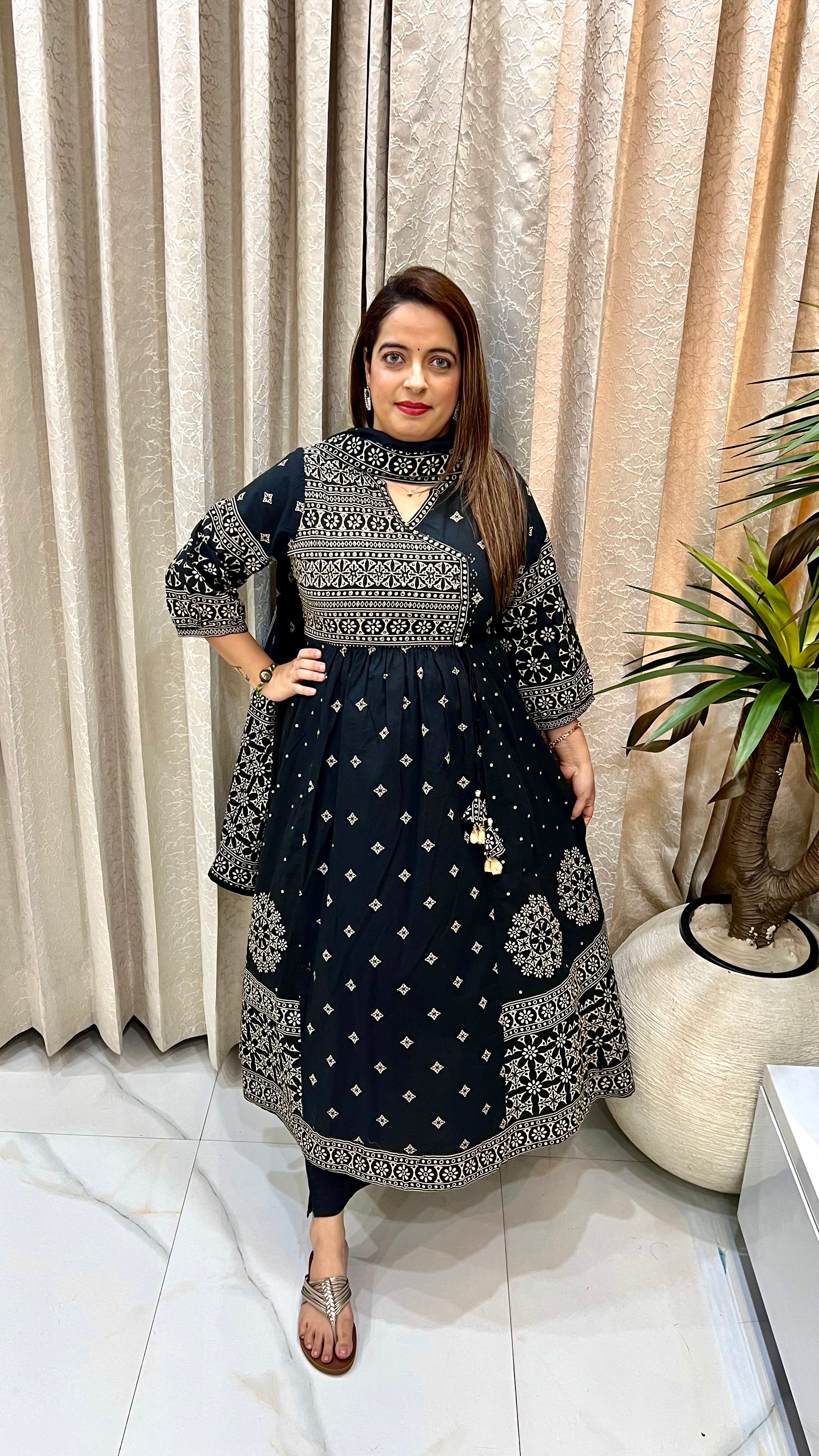 Pure Cotton Kalamkari Print Anarkali Suit with Mirror & Sequence Work