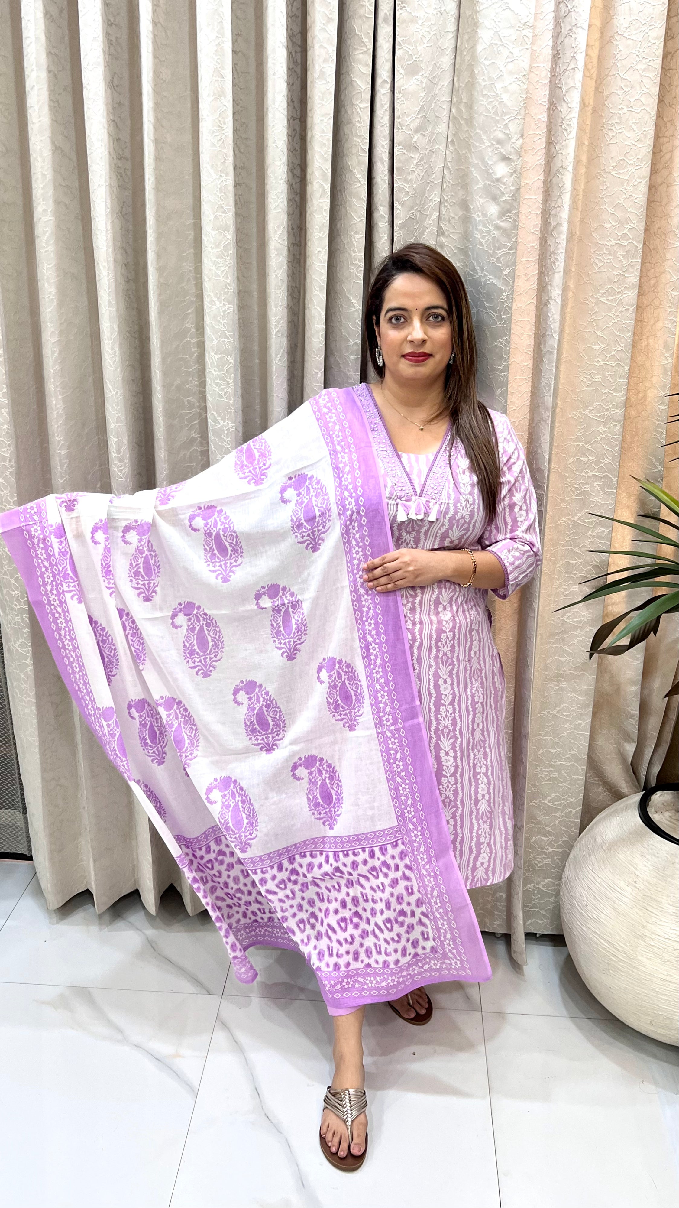 Pure Cotton Pastel Lavender Floral Print Suit